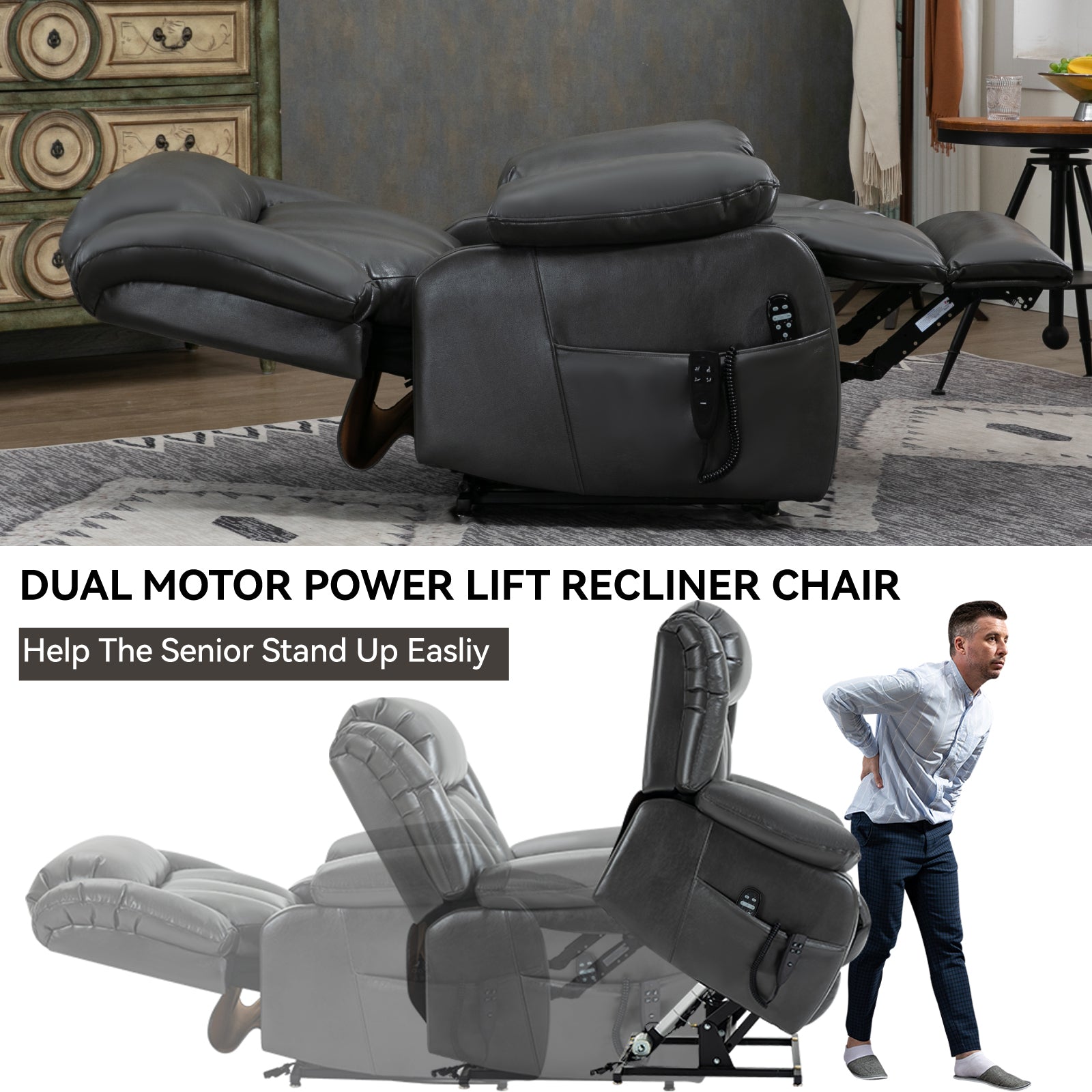 Dual Motor Infinite Position Up to 350 LBS Electric Medium size Grey Power Lift Recliner Chair with 8-Point Vibration Massage and Lumbar Heating