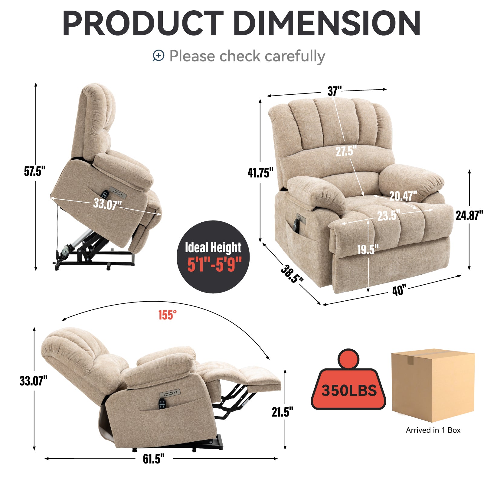 Oversized Chenille  Lift Recliner Chair with  Massage and Lumbar Heating