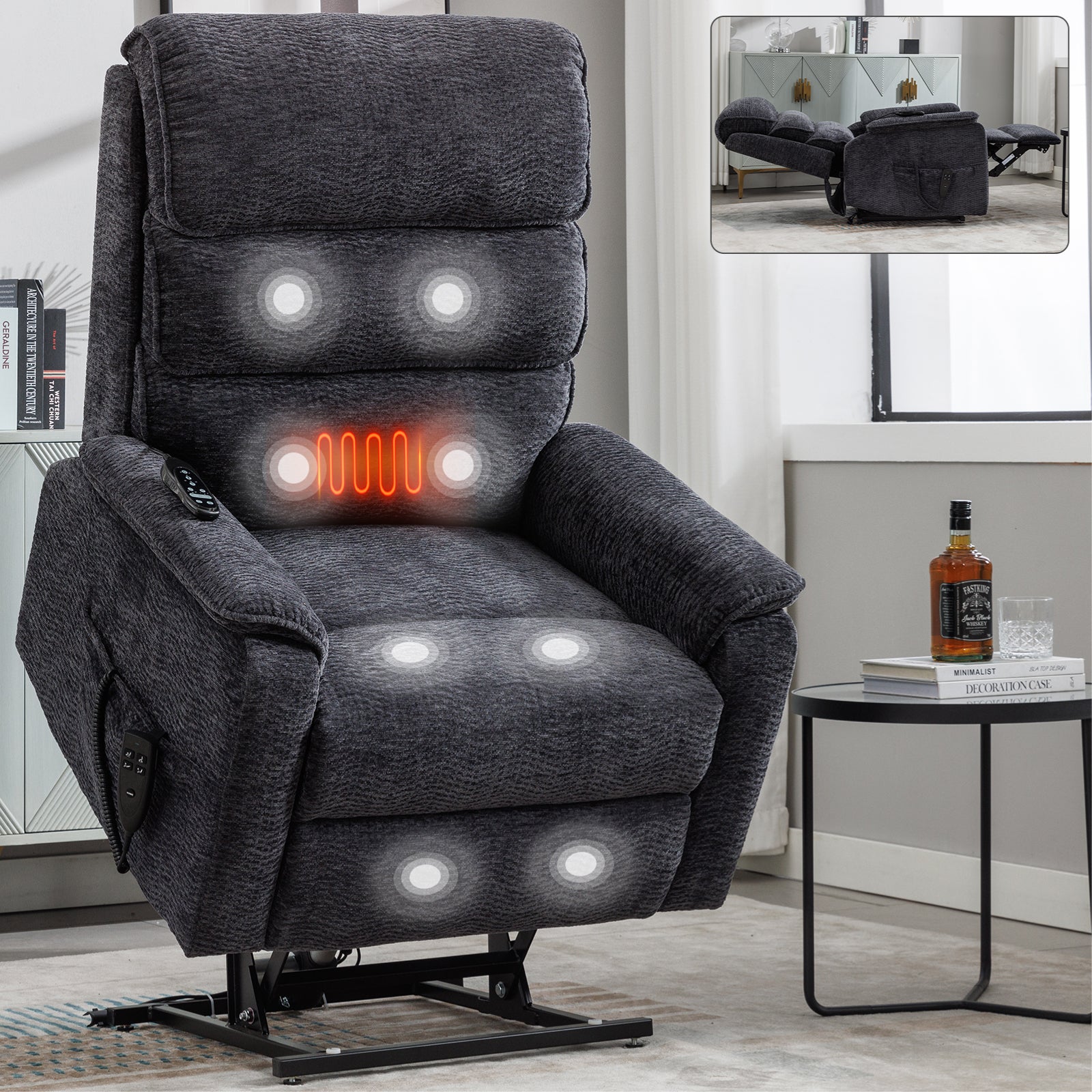 Grey Chenille Dual Motor Infinite Position Power Lift  Chair Heat + Massage