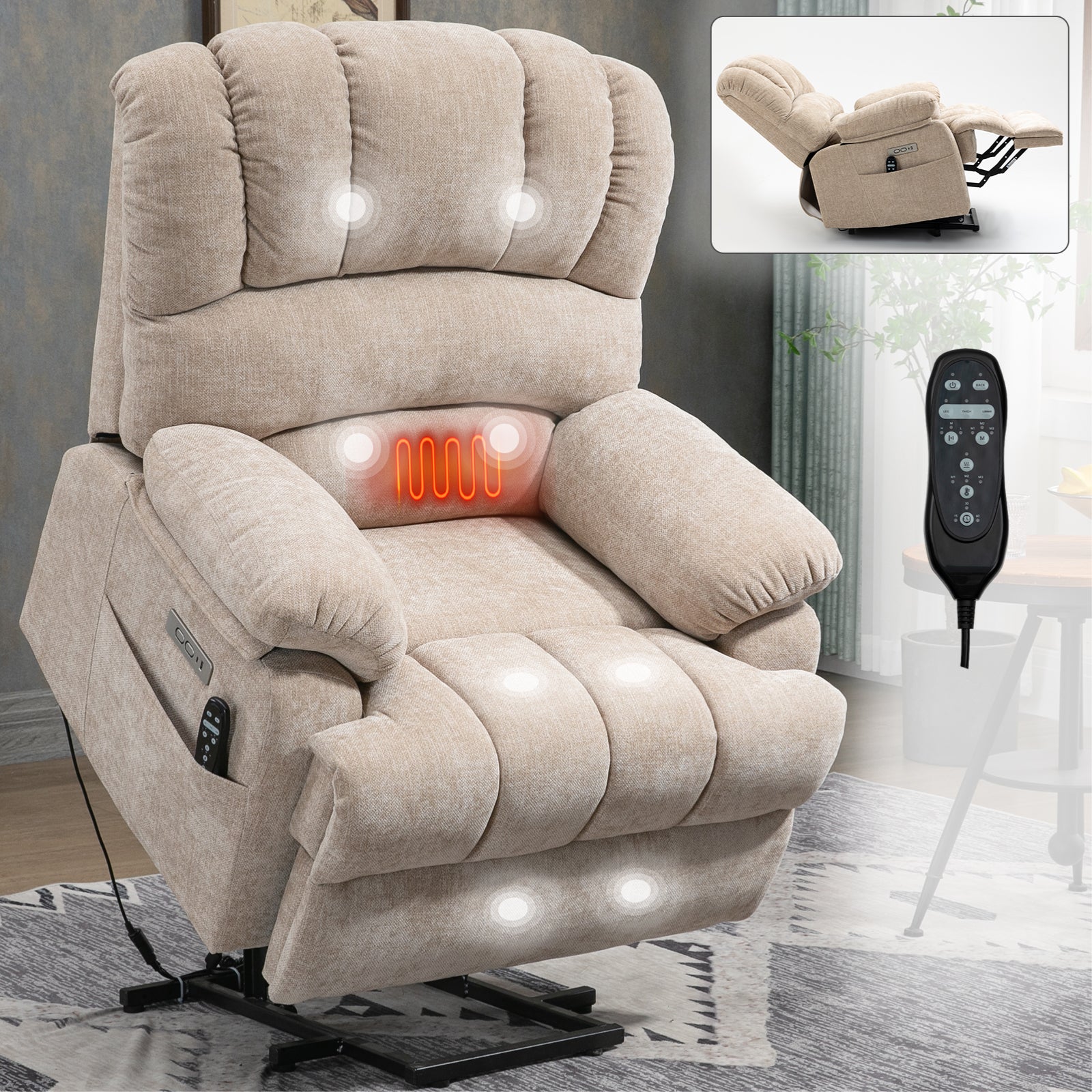 Oversized Chenille  Lift Recliner Chair with  Massage and Lumbar Heating