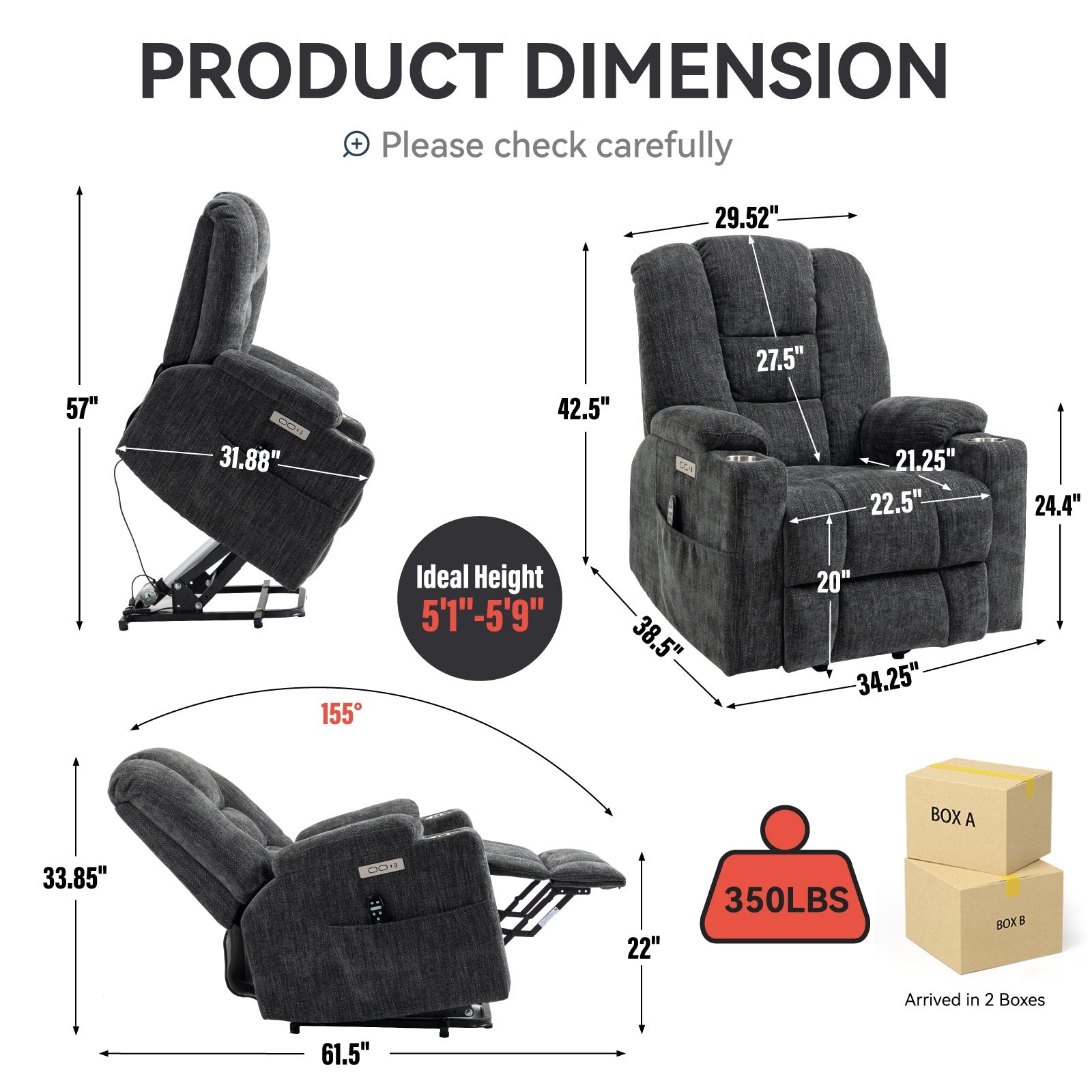 EMON'S Large Power Lift Recliner Chair with Massage and Heat for Elderly, Overstuffed Wide Recliners, Heavy Duty Motion Mechanism with USB and Type C Ports, 2 Steel Cup Holders, Gray - Value Lift Chairs 