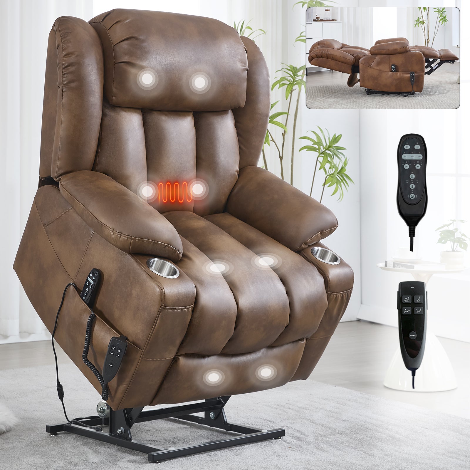 Dual Motor Infinite Position Up to 350 LBS Leatheraire Power Lift Recliner Chair, Heavy Duty Motion Mechanism with 8-Point Vibration Massage and Lumbar Heating, Stainless steel Cup Holders, Brown