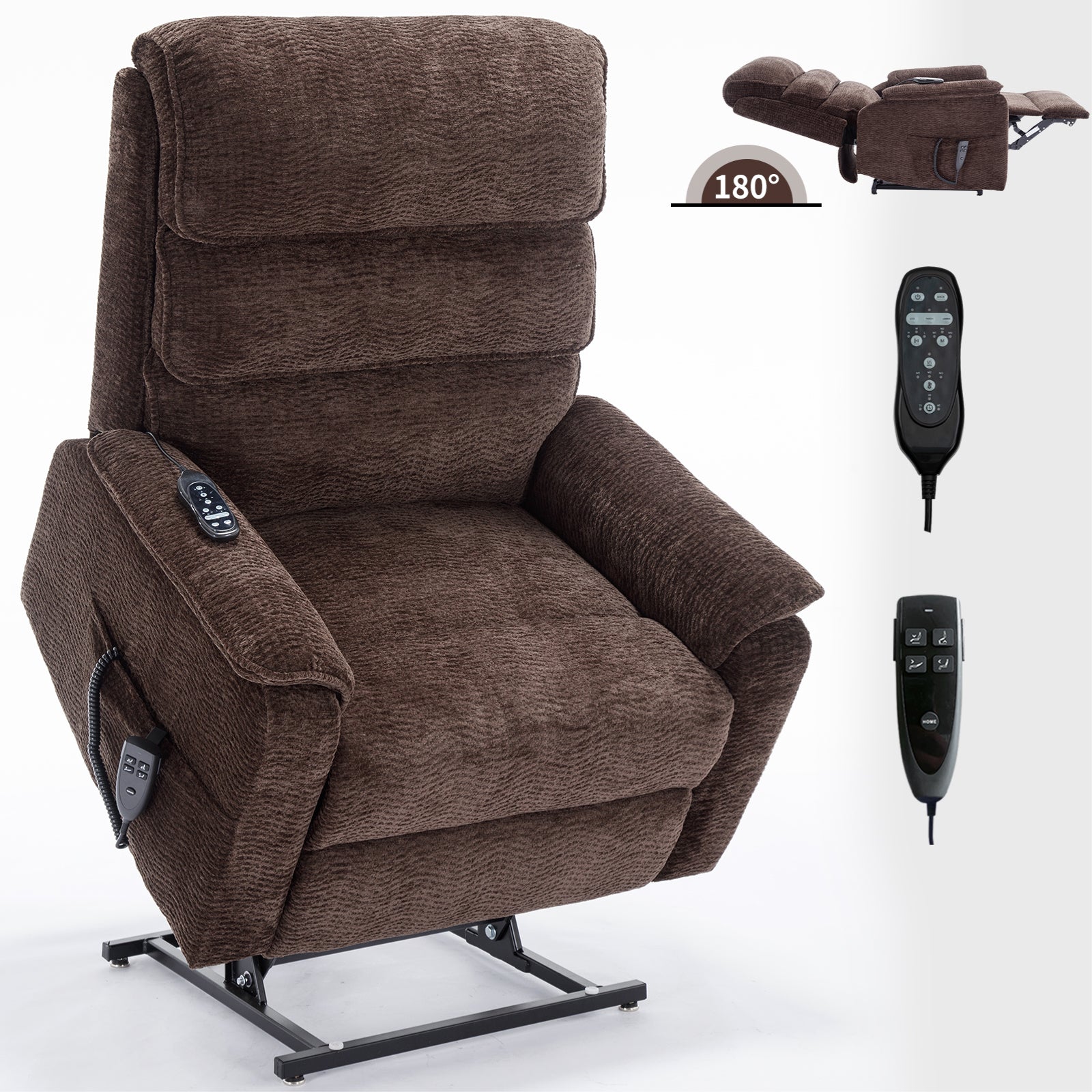 Brown Chenille Infinite Position Lift  Chair with Heat + Massage