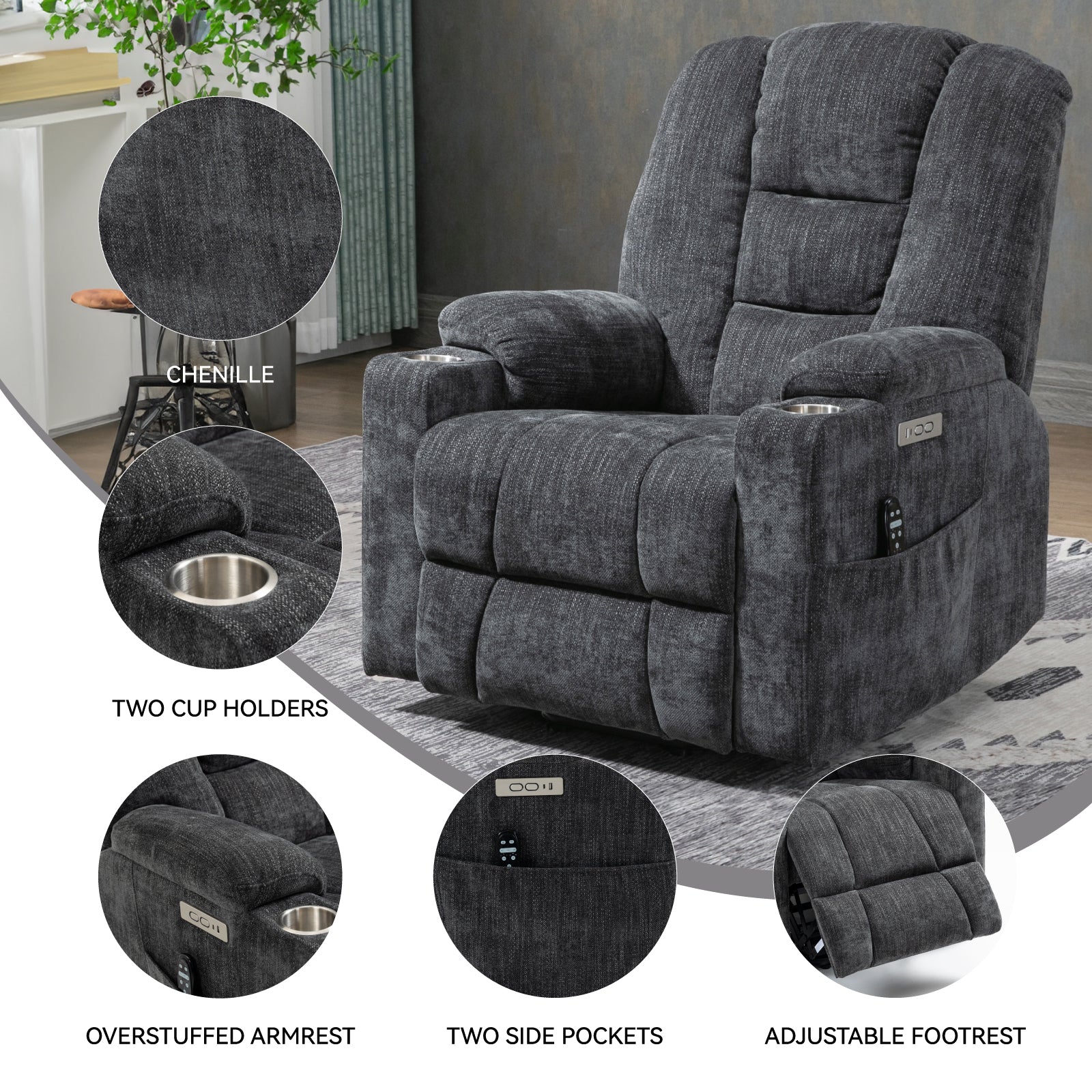 EMON'S Large Power Lift Recliner Chair with Massage and Heat for Elderly, Overstuffed Wide Recliners, Heavy Duty Motion Mechanism with USB and Type C Ports, 2 Steel Cup Holders, Gray - Value Lift Chairs 