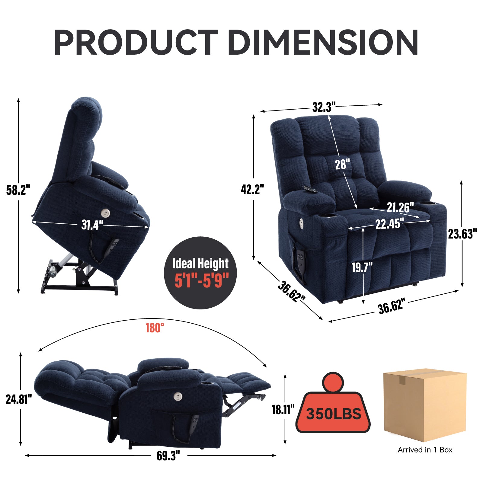 Blue Dual Motor Infinite Position Up to 350 LBS Chenille Power Lift Recliner Chair, Heavy Duty Motion Mechanism with 8-Point Vibration Massage and Lumbar Heating, Dual Cup Holders