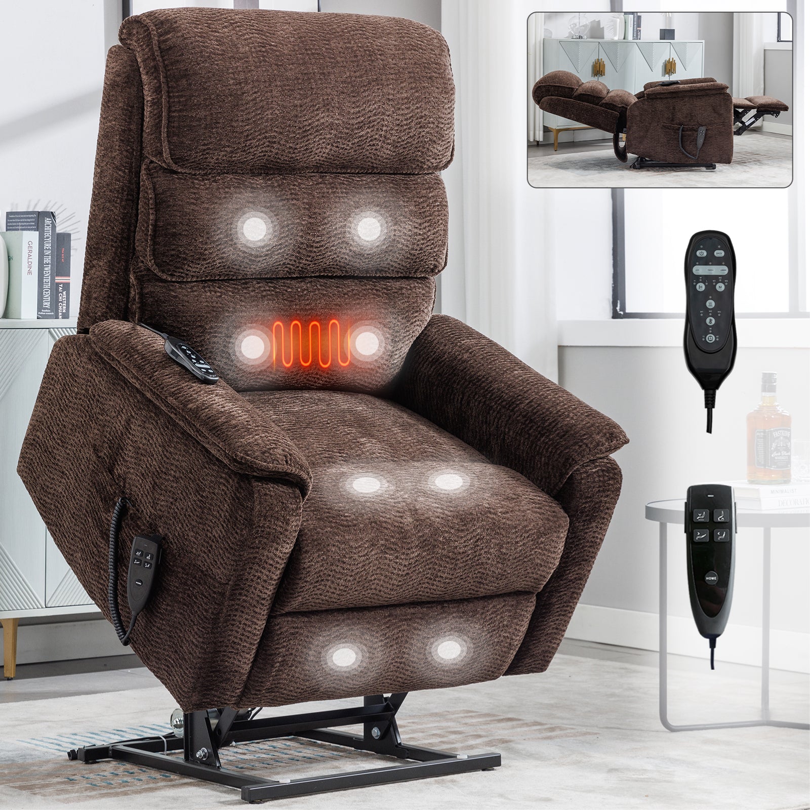 Brown Chenille Infinite Position Lift  Chair with Heat + Massage