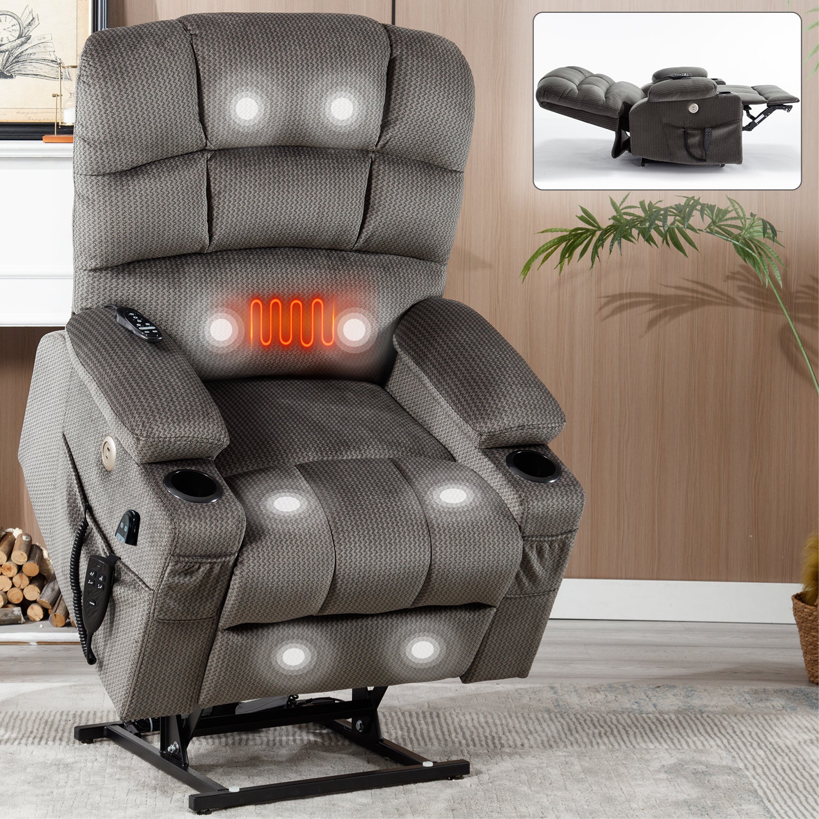 Grey Dual Motor Infinite Position Up to 350 LBS Chenille Power Lift Recliner Chair, Heavy Duty Motion Mechanism with 8-Point Vibration Massage and Lumbar Heating, Dual Cup Holders