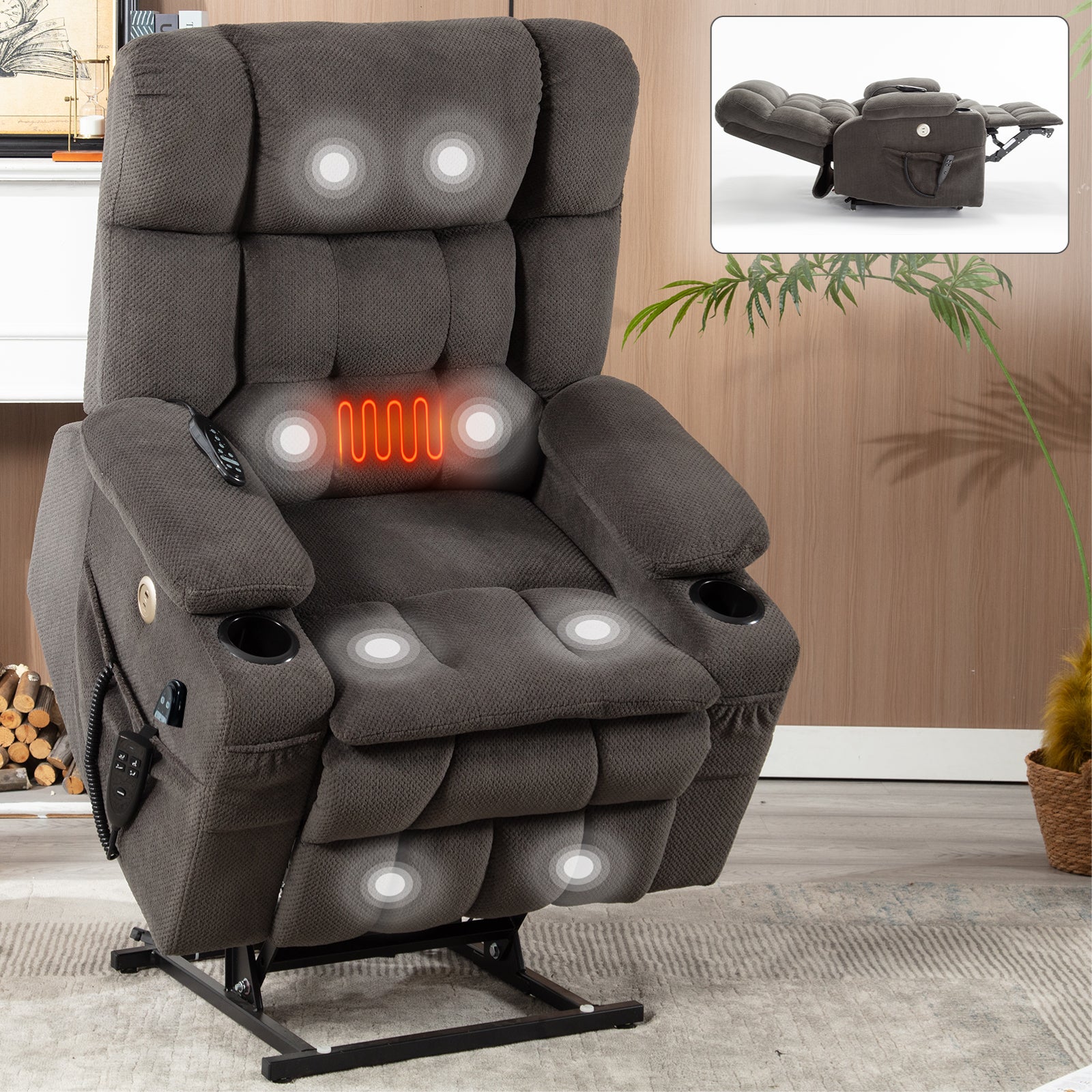 Brown Infinite Position Layflat Power Lift Chair. Chenille Fabric