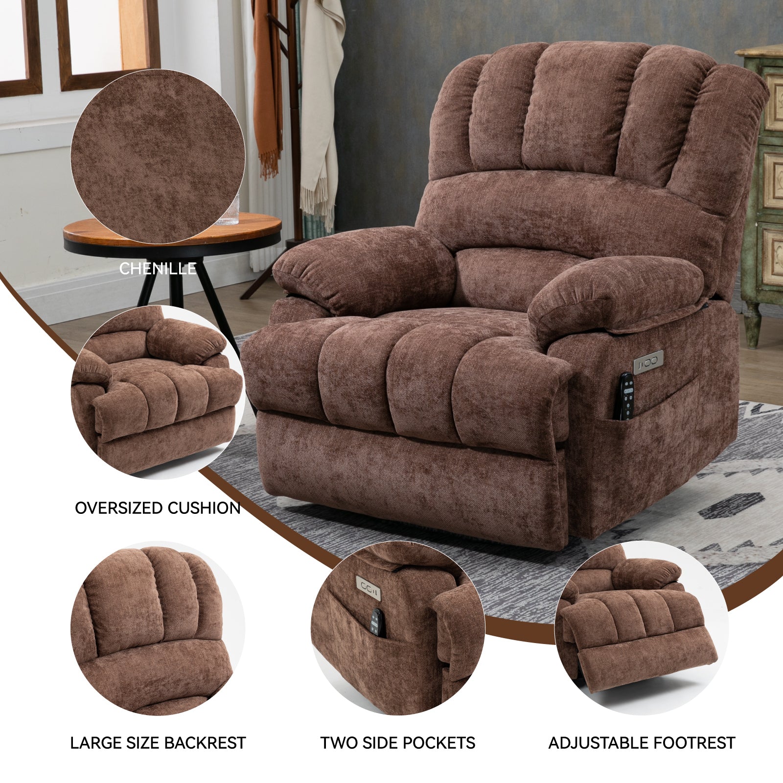 23" Seat Width and High Back Large Size Chenille Power Lift Recliner Chair with 8-Point Vibration Massage and Lumbar Heating, Brown - Value Lift Chairs 