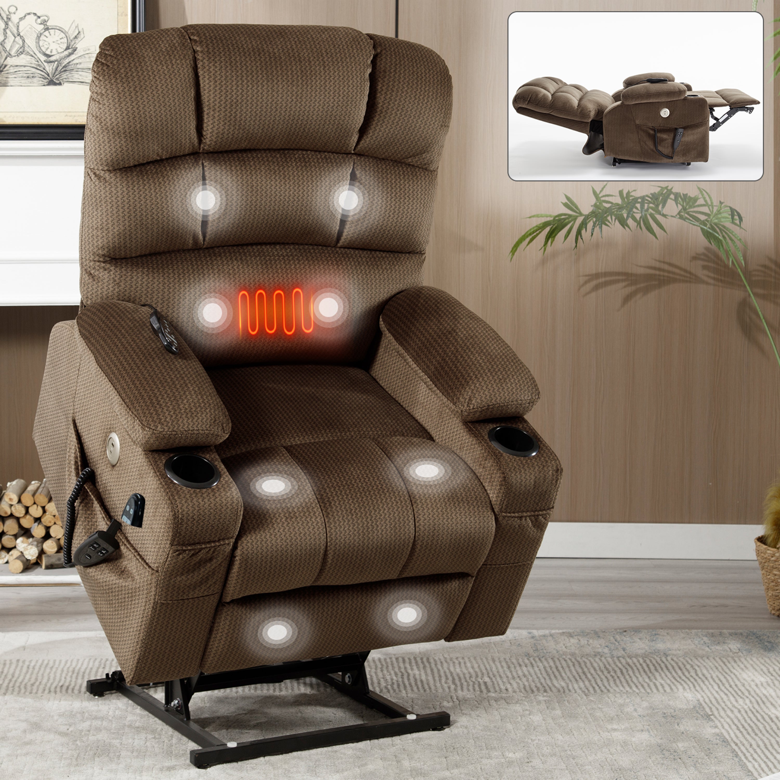 Brown Dual Motor Infinite Position Up to 350 LBS Chenille Power Lift Recliner Chair, Heavy Duty Motion Mechanism with 8-Point Vibration Massage and Lumbar Heating, Dual Cup Holders