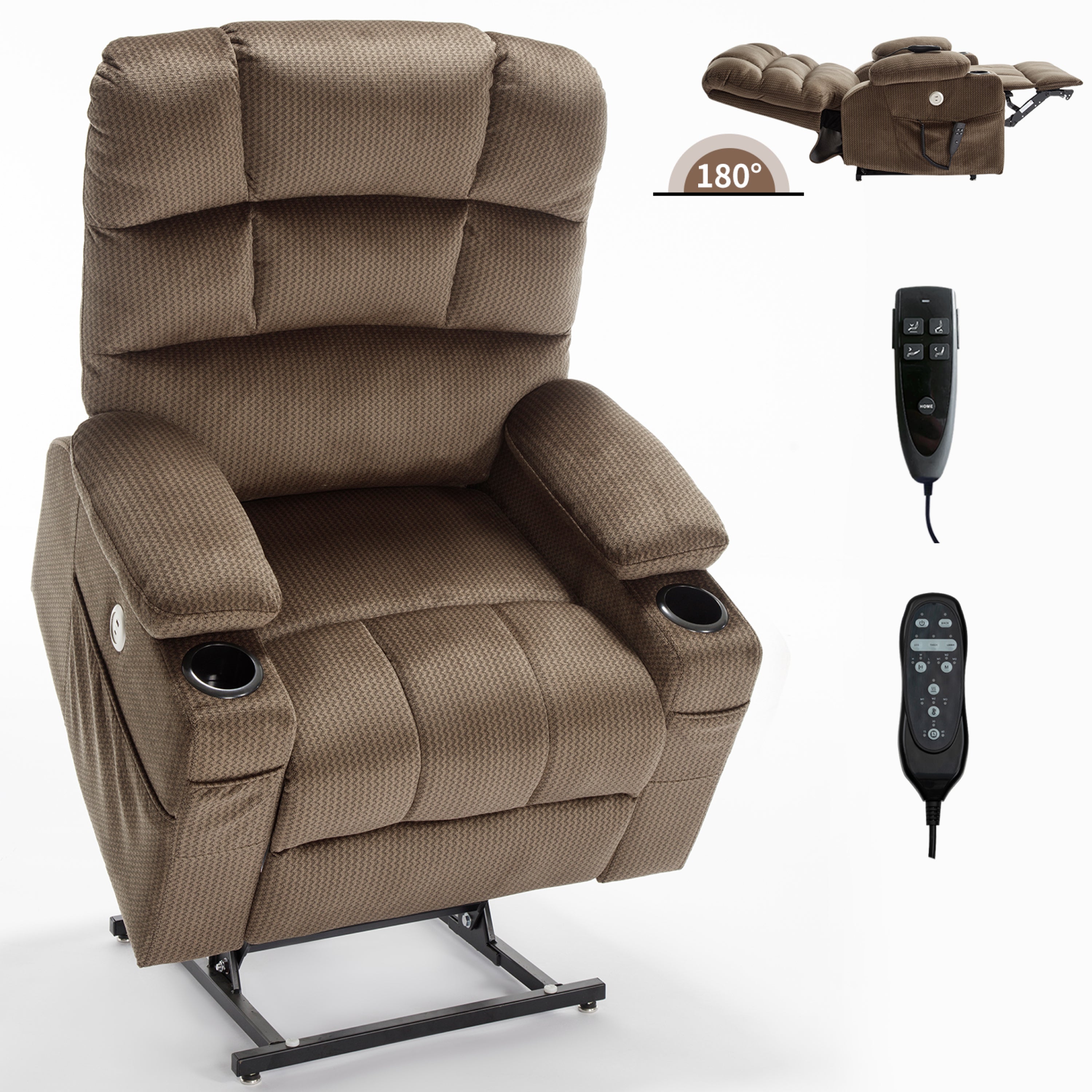 Brown Dual Motor Infinite Position Up to 350 LBS Chenille Power Lift Recliner Chair, Heavy Duty Motion Mechanism with 8-Point Vibration Massage and Lumbar Heating, Dual Cup Holders