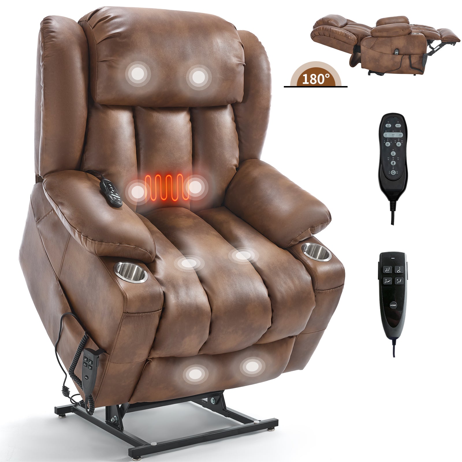 Dual Motor Infinite Position Up to 350 LBS Leatheraire Power Lift Recliner Chair, Heavy Duty Motion Mechanism with 8-Point Vibration Massage and Lumbar Heating, Stainless steel Cup Holders, Brown