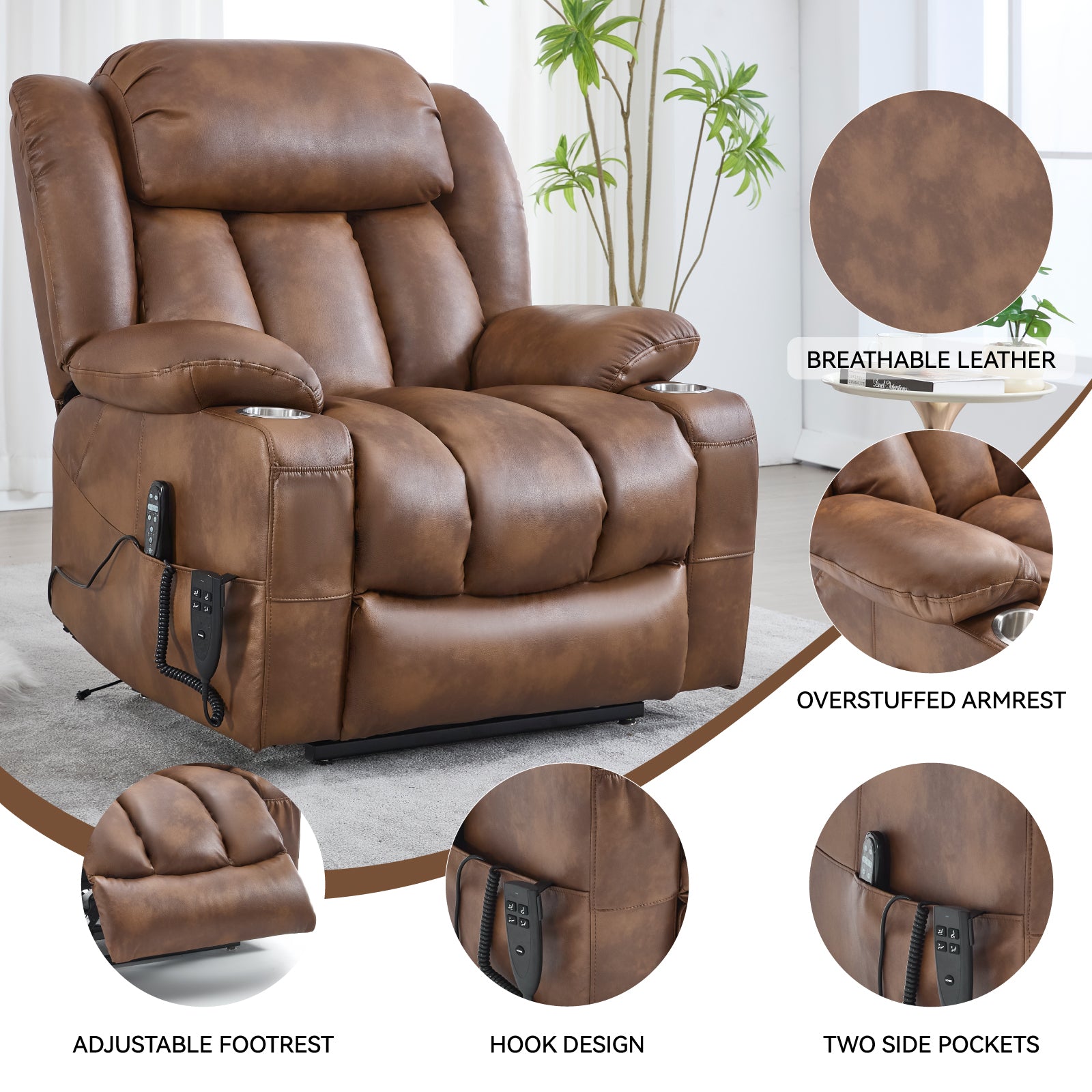 Dual Motor Infinite Position Up to 350 LBS Leatheraire Power Lift Recliner Chair, Heavy Duty Motion Mechanism with 8-Point Vibration Massage and Lumbar Heating, Stainless steel Cup Holders, Brown