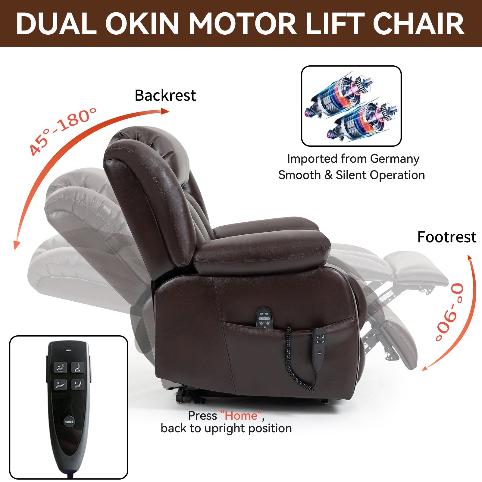 Dual Motor Infinite Position Up to 350 LBS Electric Medium size Brown Power Lift Recliner Chair with 8-Point Vibration Massage and Lumbar Heating - Value Lift Chairs 