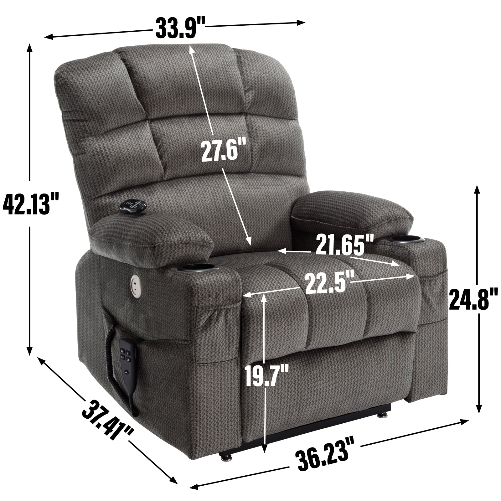 Grey Dual Motor Infinite Position Up to 350 LBS Chenille Power Lift Recliner Chair, Heavy Duty Motion Mechanism with 8-Point Vibration Massage and Lumbar Heating, Dual Cup Holders