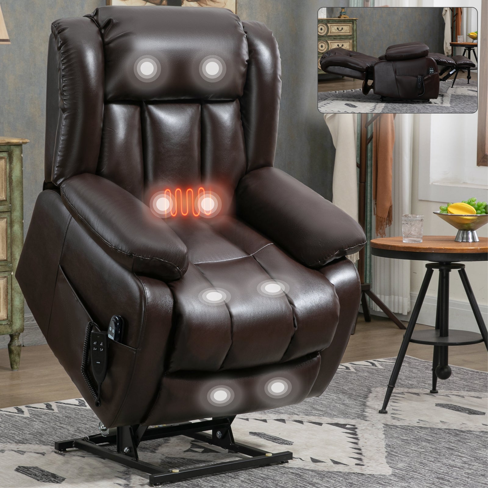 Dual Motor Infinite Position Up to 350 LBS Electric Medium size Brown Power Lift Recliner Chair with 8-Point Vibration Massage and Lumbar Heating