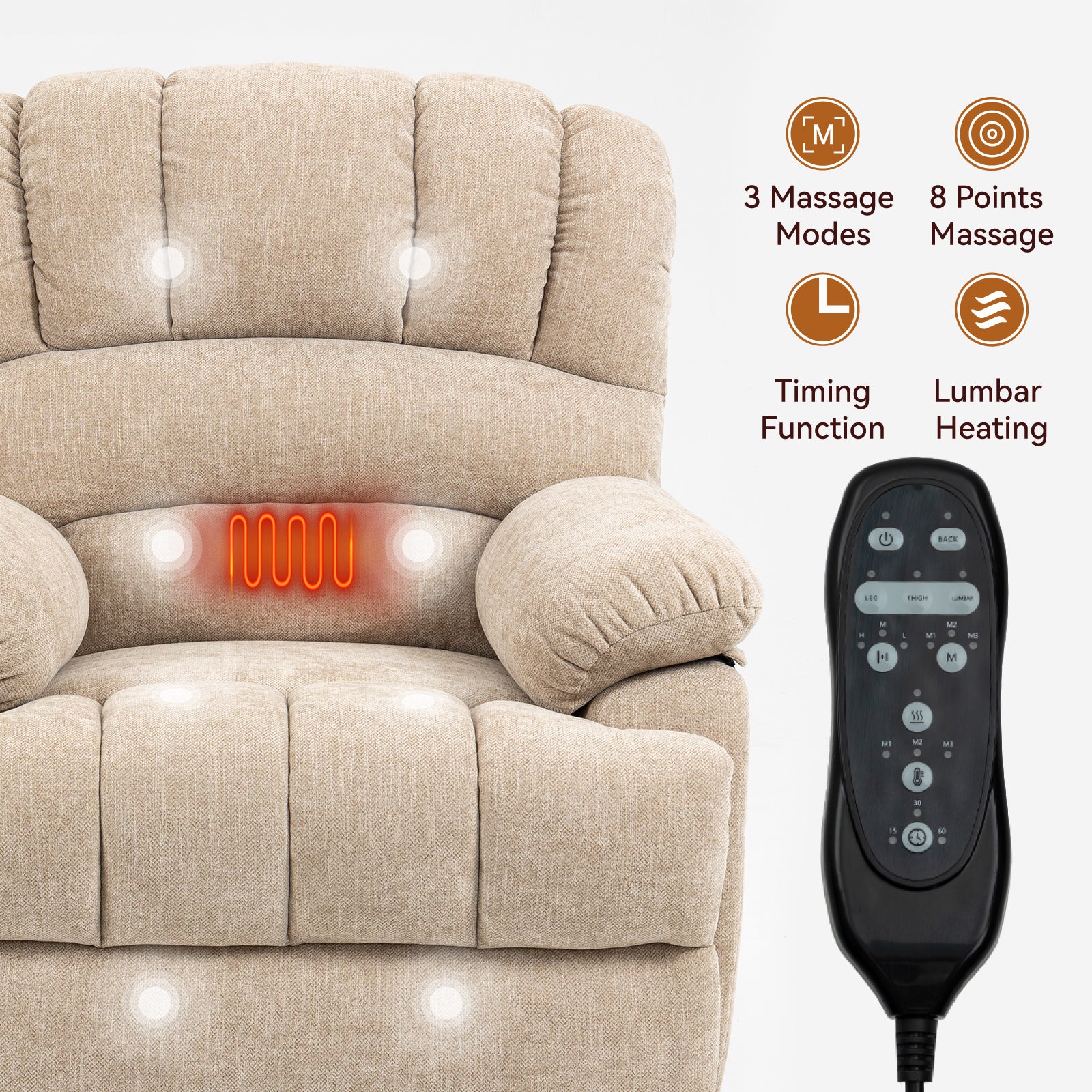 Oversized Chenille  Lift Recliner Chair with  Massage and Lumbar Heating