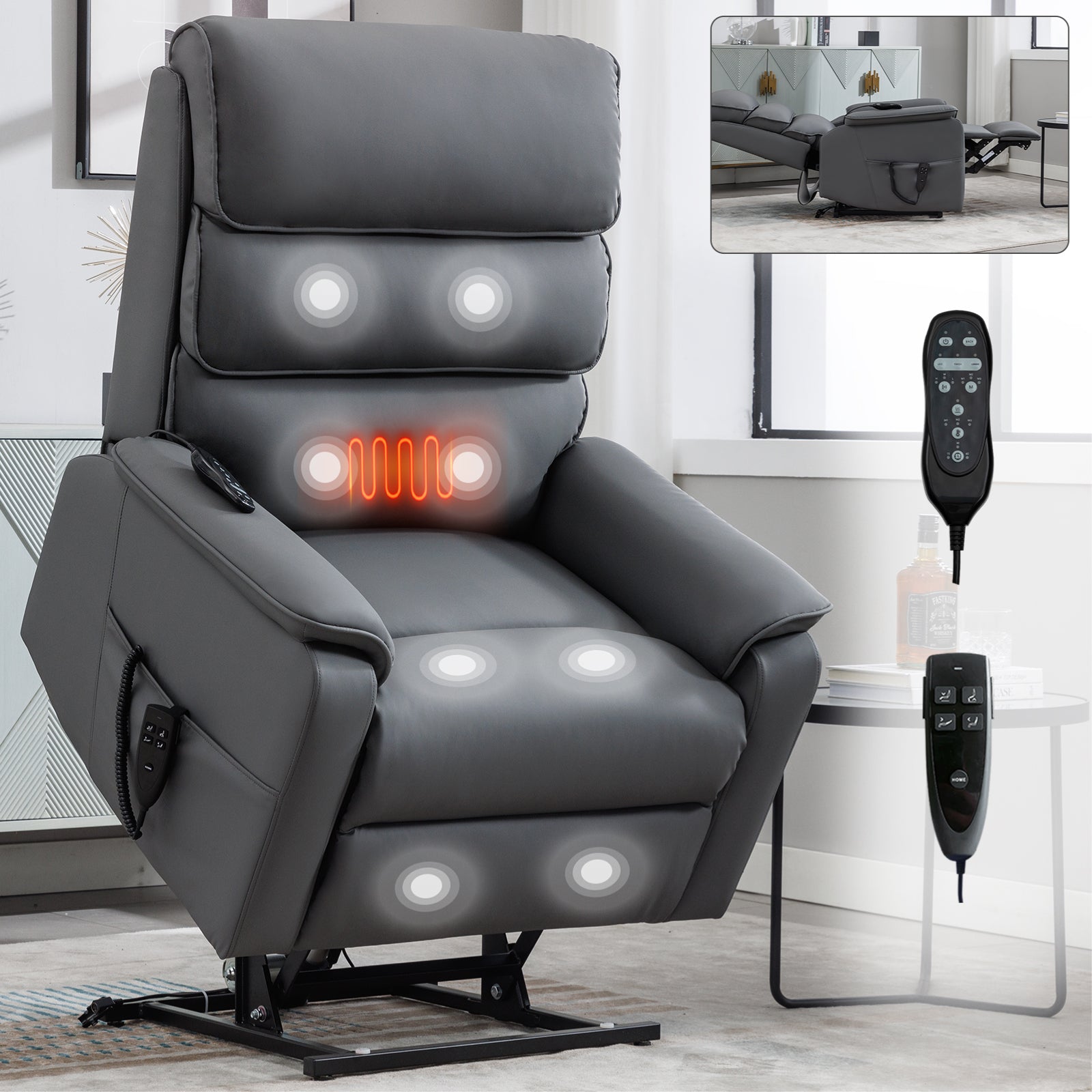 Grey Cat-proof Leather Dual Motor Infinite Position Up to 350 LBS Power Lift Recliner Chair with Power-Remote, Heat Massage and Heavy Duty Motion Mechanism