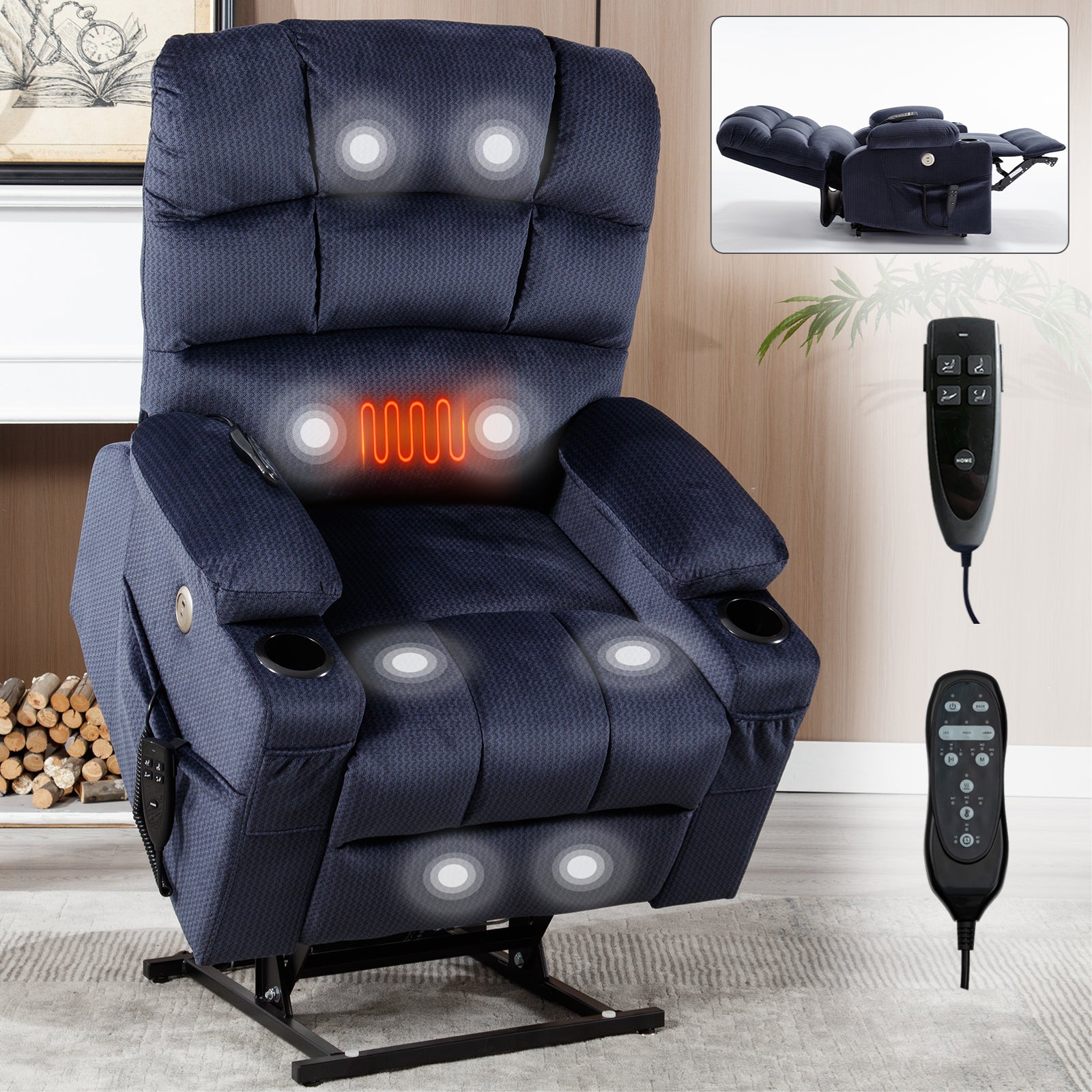 Blue Dual Motor Infinite Position Up to 350 LBS Chenille Power Lift Recliner Chair, Heavy Duty Motion Mechanism with 8-Point Vibration Massage and Lumbar Heating, Dual Cup Holders