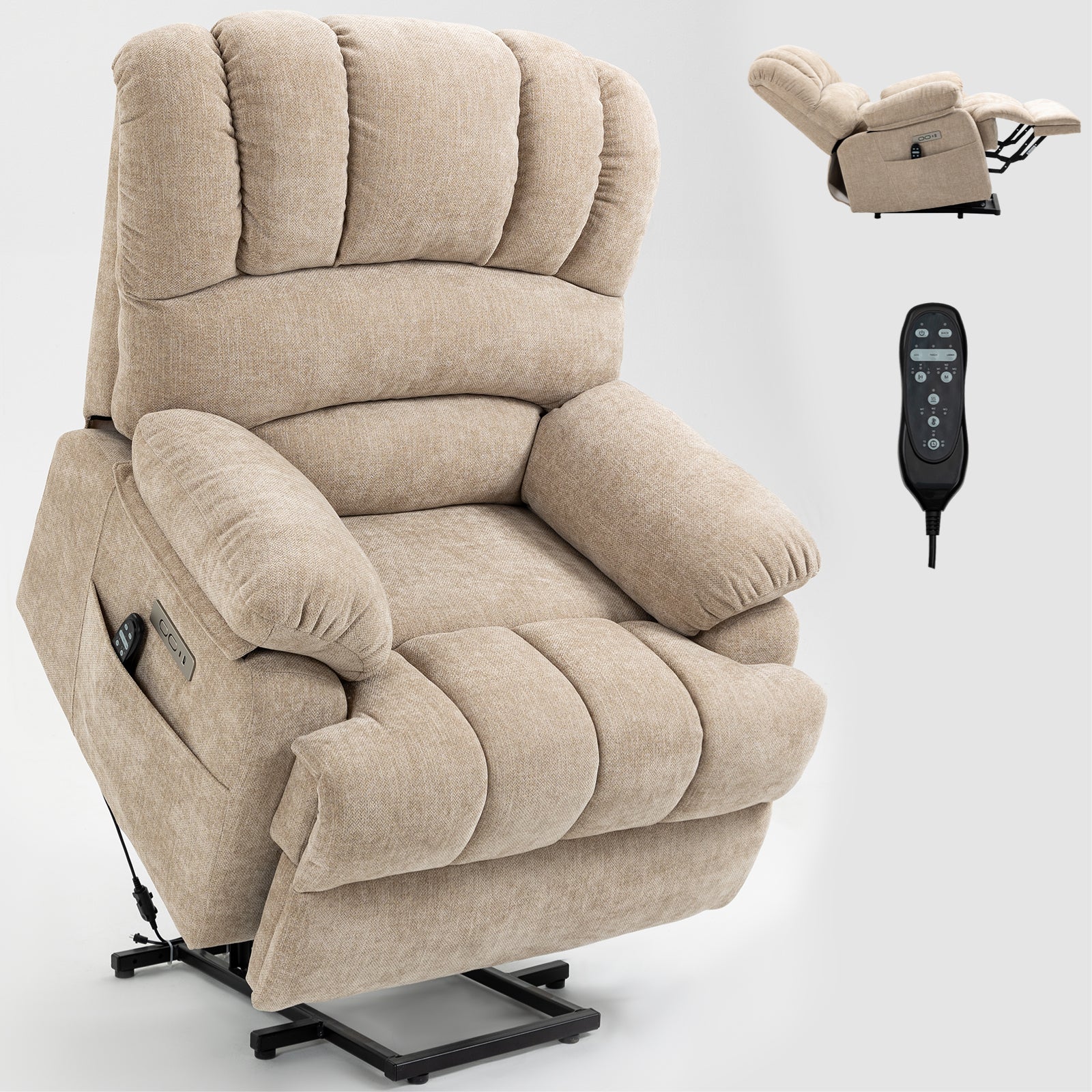 Oversized Chenille  Lift Recliner Chair with  Massage and Lumbar Heating