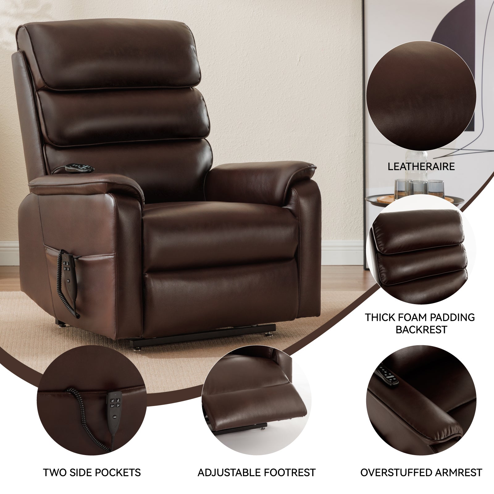 Brown Faux Leather Infinite Position Up to 350 LBS Power Lift  Chair with Heat + Massage