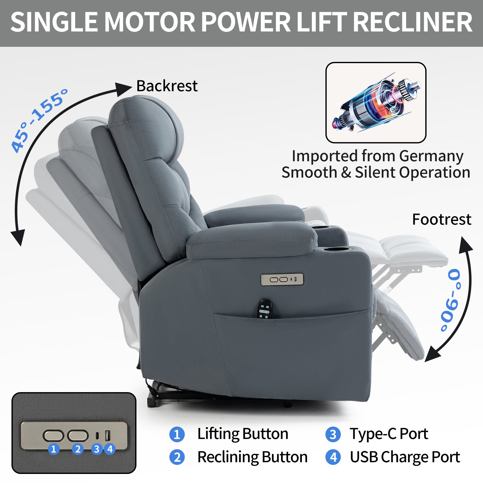 Up to 350 LBS Power Lift Recliner Chair, Heavy Duty Motion Mechanism with 8-Point Vibration Massage and Lumbar Heating, Cup Holders, USB and Type-C Ports, Removable Cushions, Blue - Value Lift Chairs 