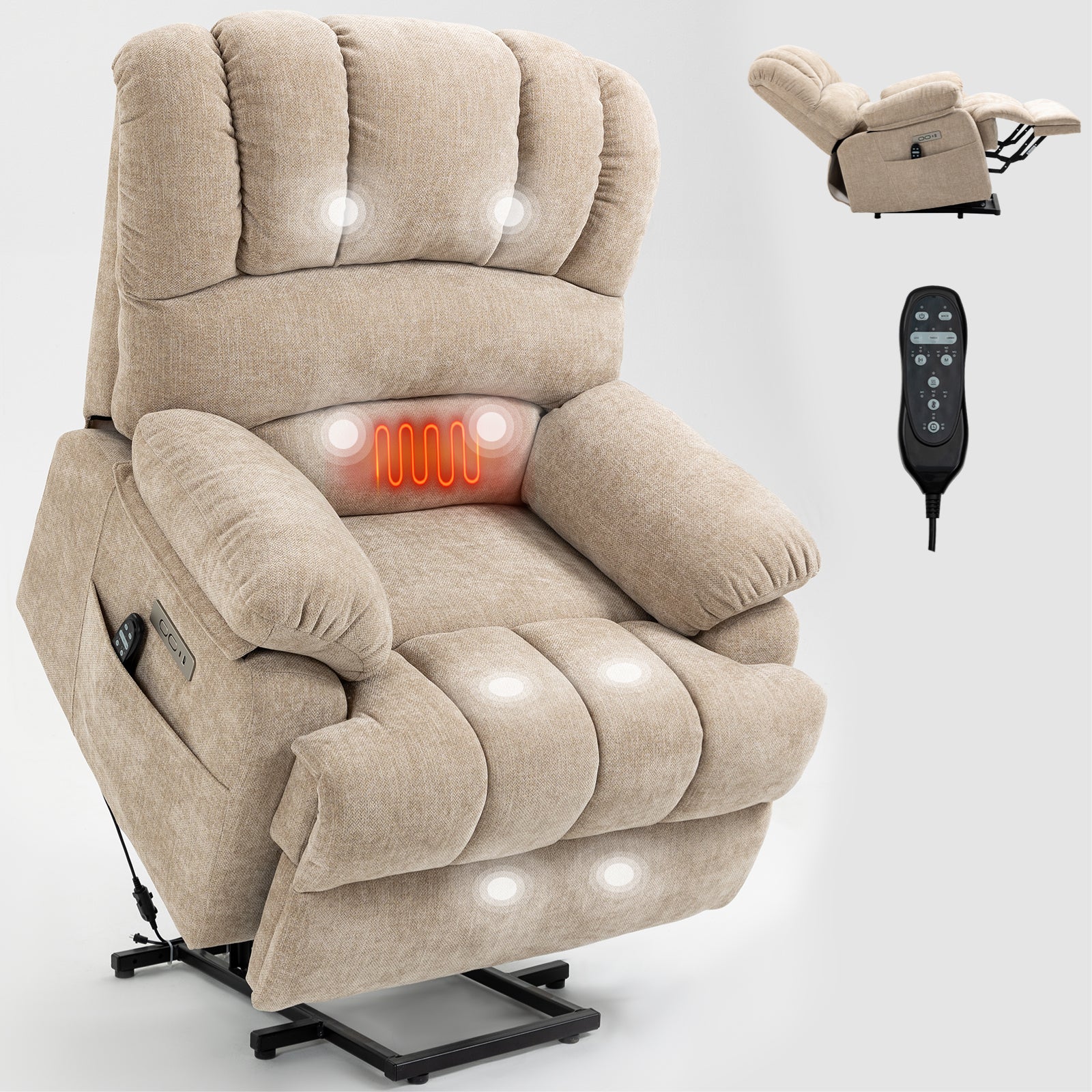 Oversized Chenille  Lift Recliner Chair with  Massage and Lumbar Heating