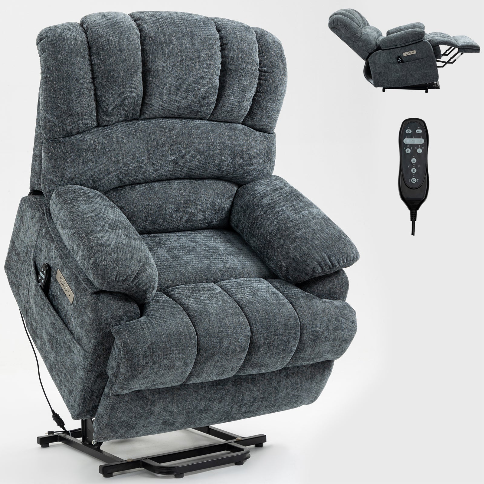 23" Seat Width and High Back Large Size Blue Chenille Power Lift Recliner Chair with 8-Point Vibration Massage and Lumbar Heating - Value Lift Chairs 