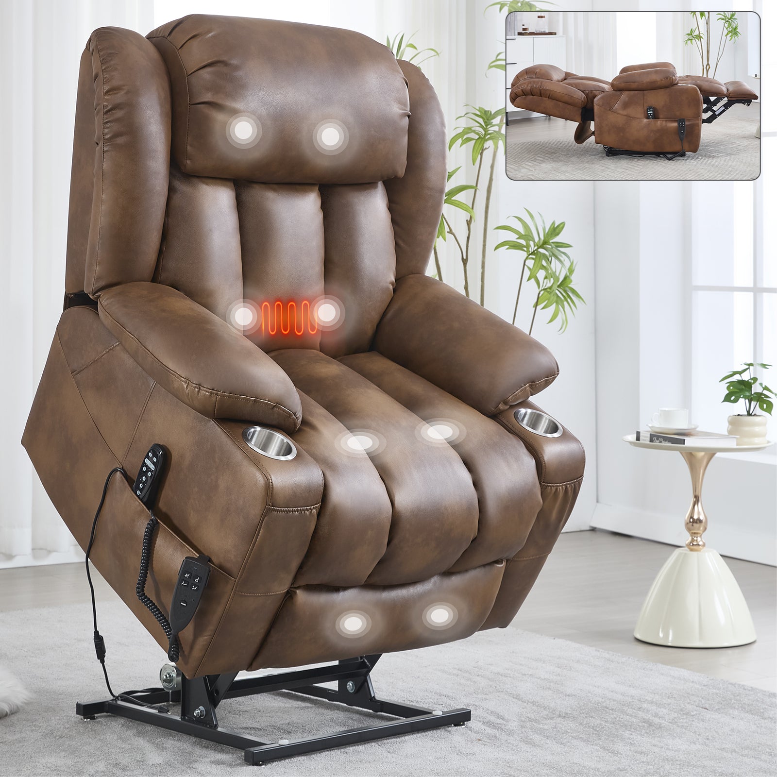 Dual Motor Infinite Position Up to 350 LBS Leatheraire Power Lift Recliner Chair, Heavy Duty Motion Mechanism with 8-Point Vibration Massage and Lumbar Heating, Stainless steel Cup Holders, Brown