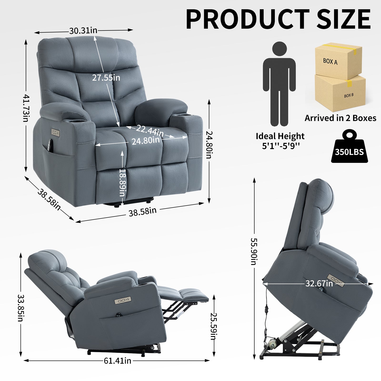 Up to 350 LBS Power Lift Recliner Chair, Heavy Duty Motion Mechanism with 8-Point Vibration Massage and Lumbar Heating, Cup Holders, USB and Type-C Ports, Removable Cushions, Blue - Value Lift Chairs 