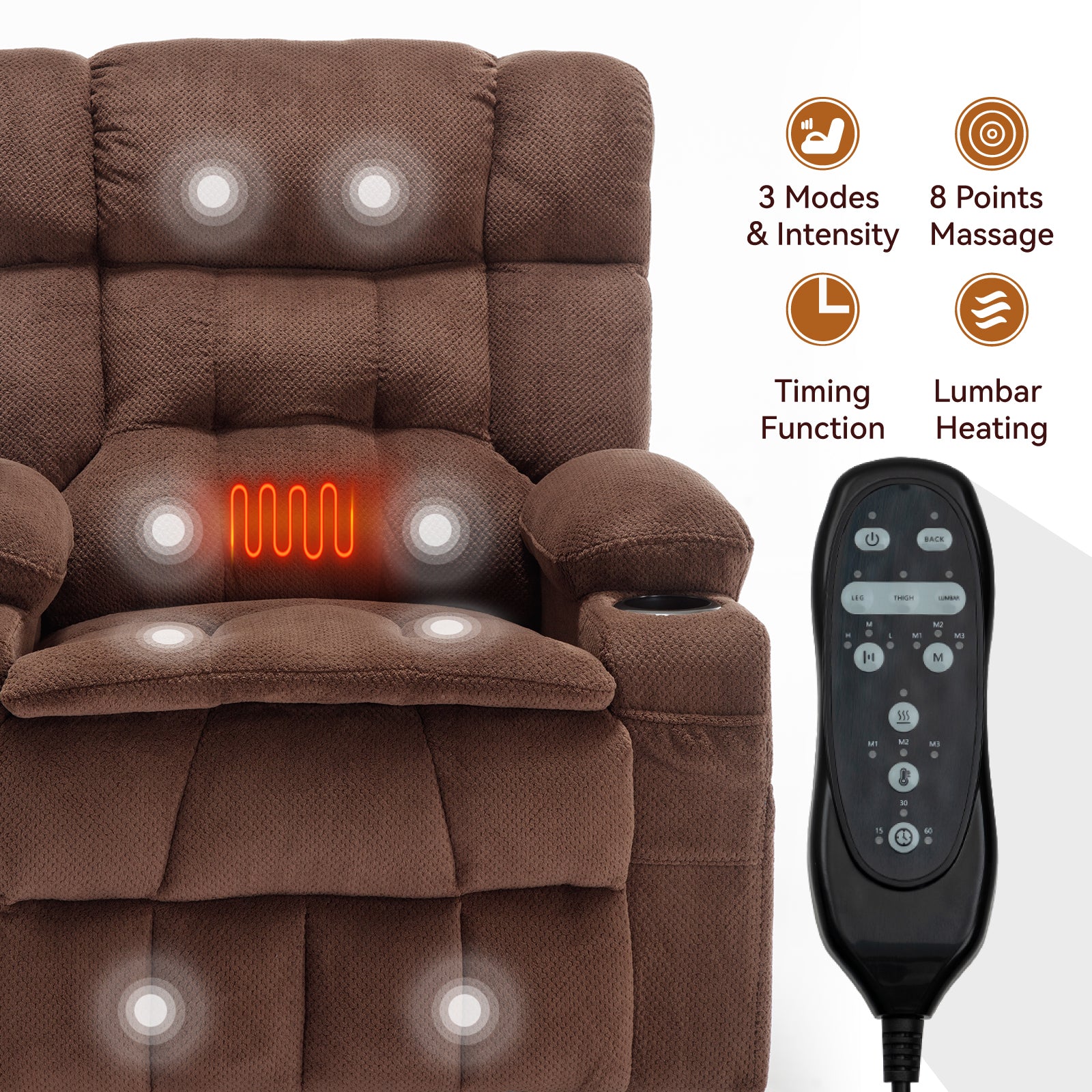 Brown Dual Motor Infinite Position Up to 350 LBS Chenille Power Lift Recliner Chair, Heavy Duty Motion Mechanism with 8-Point Vibration Massage and Lumbar Heating, Dual Cup Holders