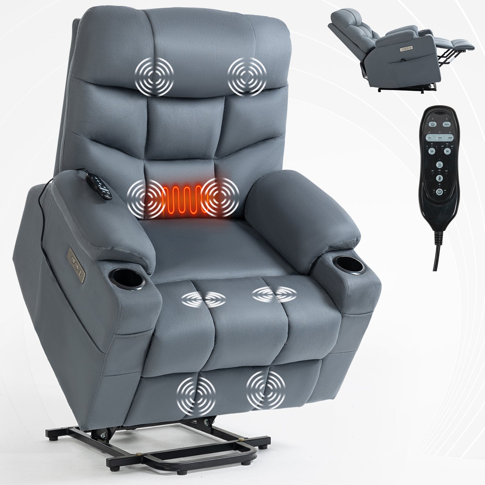 Up to 350 LBS Power Lift Recliner Chair, Heavy Duty Motion Mechanism with 8-Point Vibration Massage and Lumbar Heating, Cup Holders, USB and Type-C Ports, Removable Cushions, Blue - Value Lift Chairs 