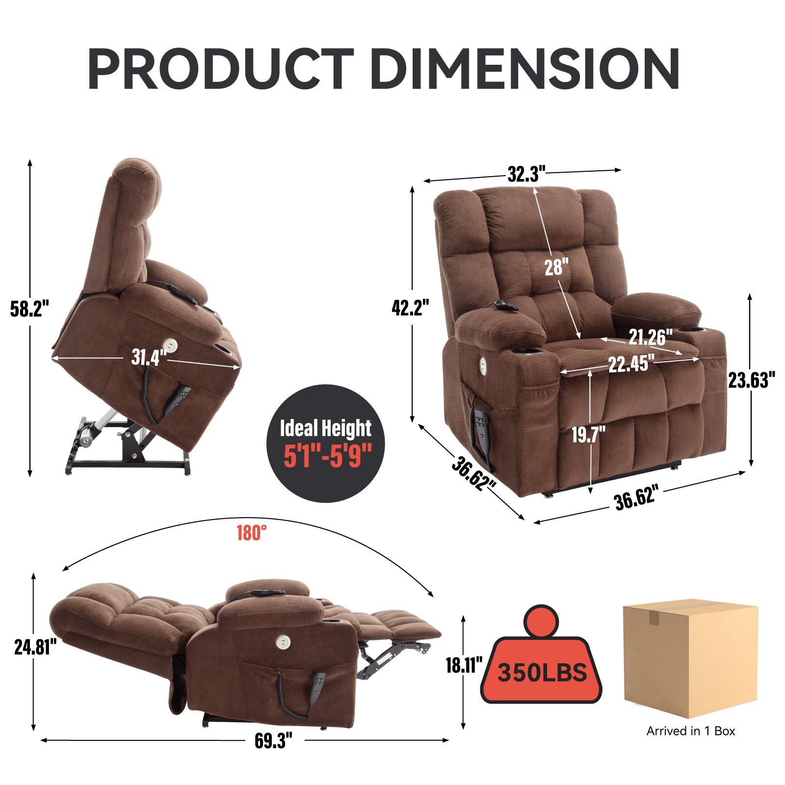 Brown Dual Motor Infinite Position Up to 350 LBS Chenille Power Lift Recliner Chair, Heavy Duty Motion Mechanism with 8-Point Vibration Massage and Lumbar Heating, Dual Cup Holders