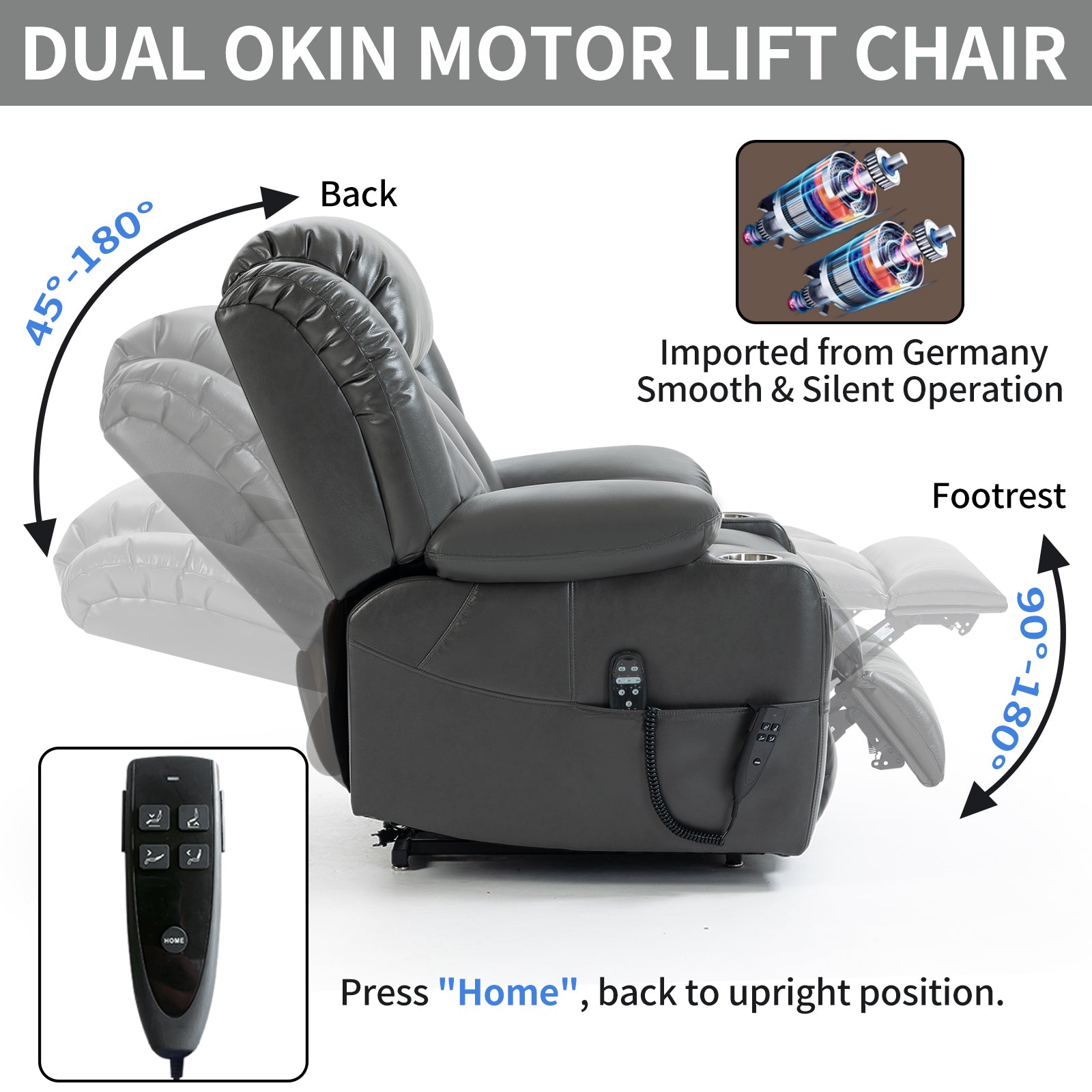 Dual Motor Infinite Position Up to 350 LBS Leatheraire Power Lift Recliner Chair, Heavy Duty Motion Mechanism with 8-Point Vibration Massage and Lumbar Heating, Stainless steel Cup Holders, Grey