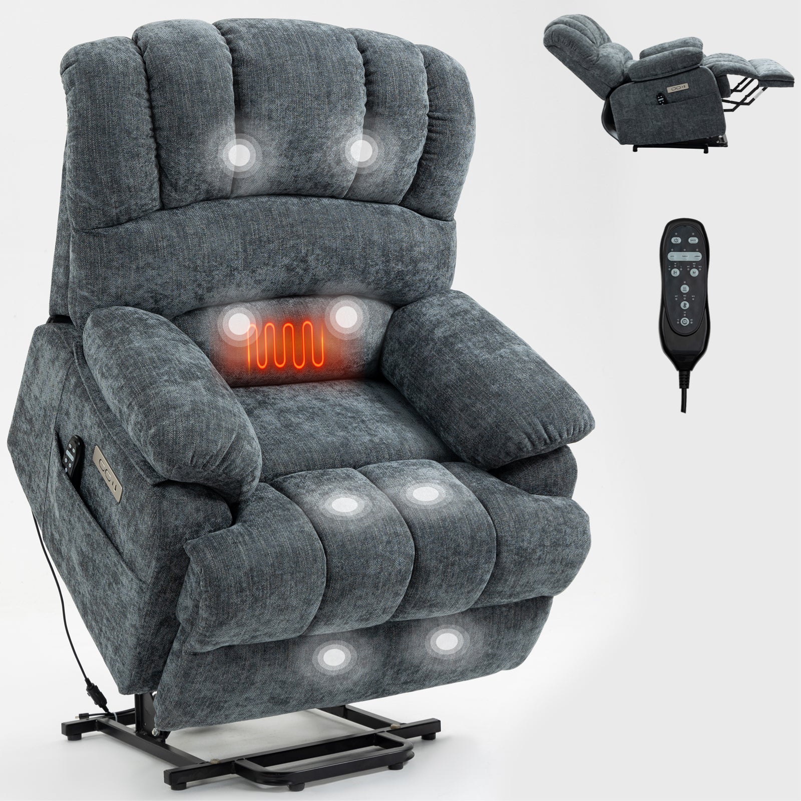 23" Seat Width and High Back Large Size Blue Chenille Power Lift Recliner Chair with 8-Point Vibration Massage and Lumbar Heating - Value Lift Chairs 