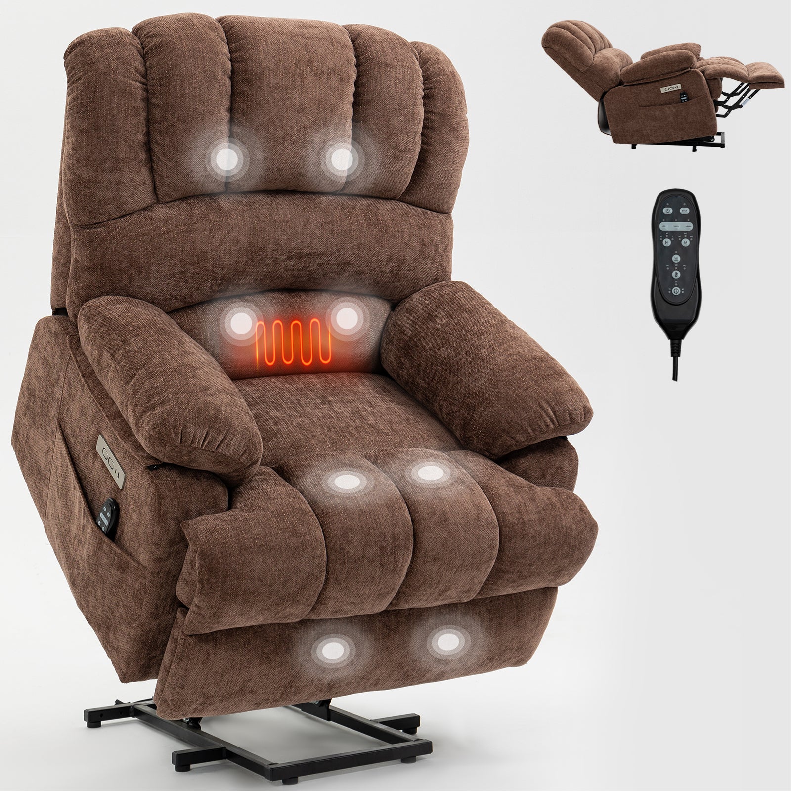 23" Seat Width and High Back Large Size Chenille Power Lift Recliner Chair with 8-Point Vibration Massage and Lumbar Heating, Brown - Value Lift Chairs 