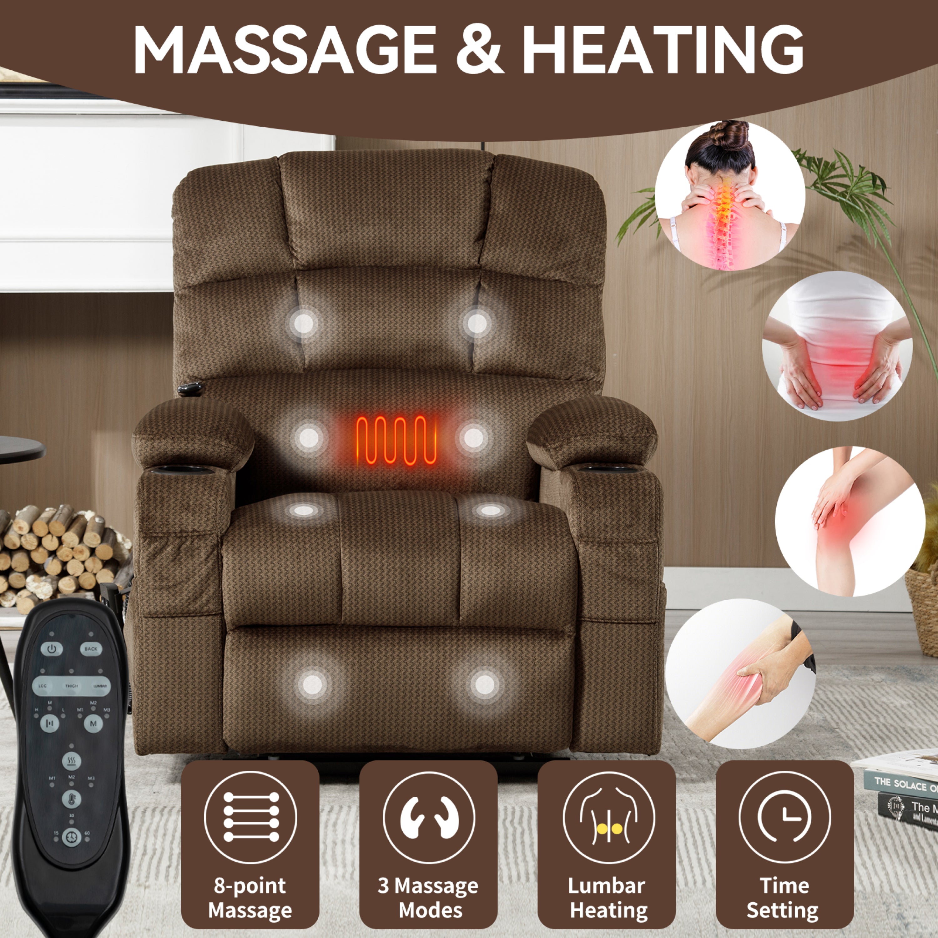 Brown Dual Motor Infinite Position Up to 350 LBS Chenille Power Lift Recliner Chair, Heavy Duty Motion Mechanism with 8-Point Vibration Massage and Lumbar Heating, Dual Cup Holders