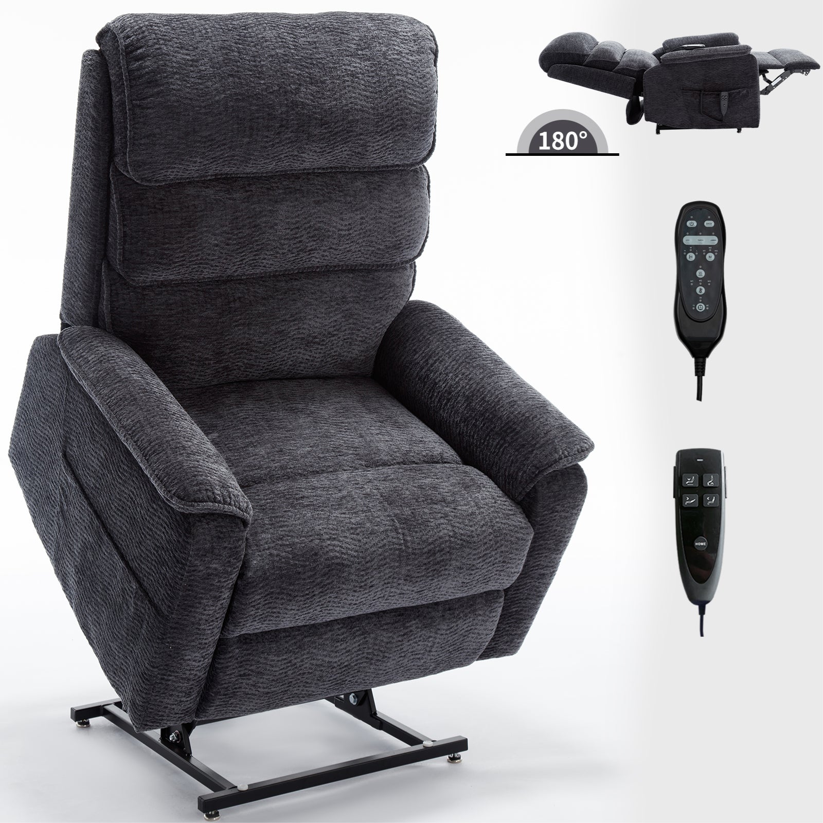 Grey Chenille Dual Motor Infinite Position Power Lift  Chair Heat + Massage