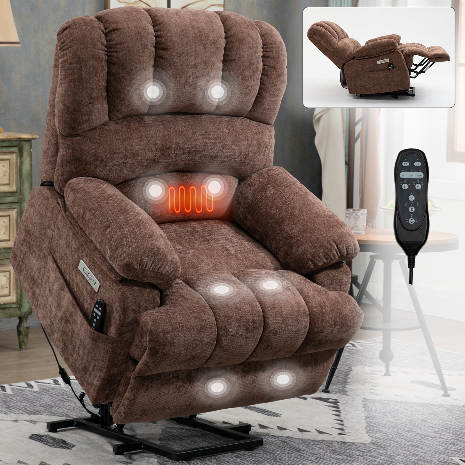 23" Brown  Chenille Power Lift  Chair with Massage and Lumbar Heating