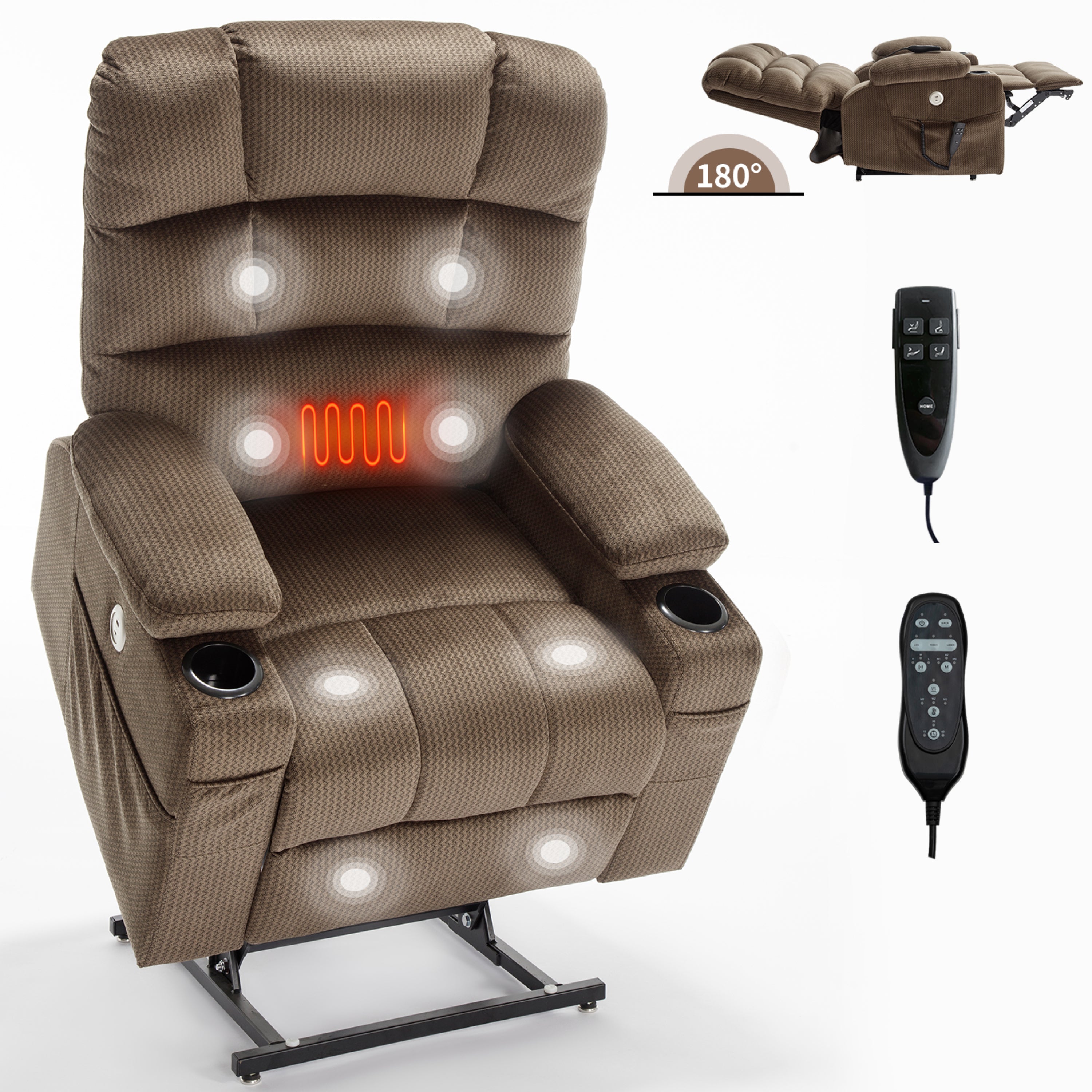 Brown Dual Motor Infinite Position Up to 350 LBS Chenille Power Lift Recliner Chair, Heavy Duty Motion Mechanism with 8-Point Vibration Massage and Lumbar Heating, Dual Cup Holders