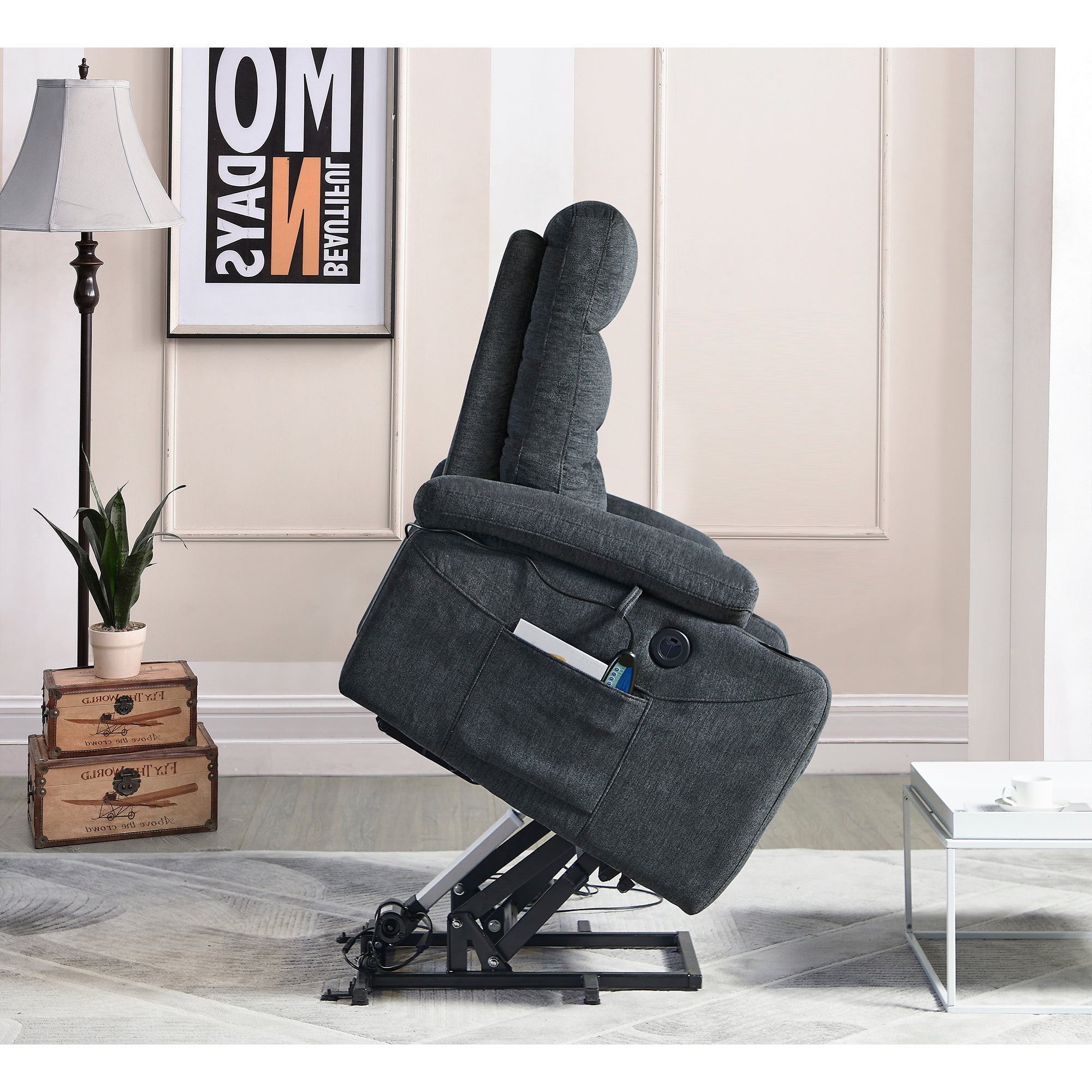 Liyasi Electric Power Lift Recliner Chair  with Massage and Heat for Elderly, 3 Positions, 2 Side Pockets, Cup Holders, USB Charge Ports, High-end  Quality Cloth Power Reclining Chair For Living Room.