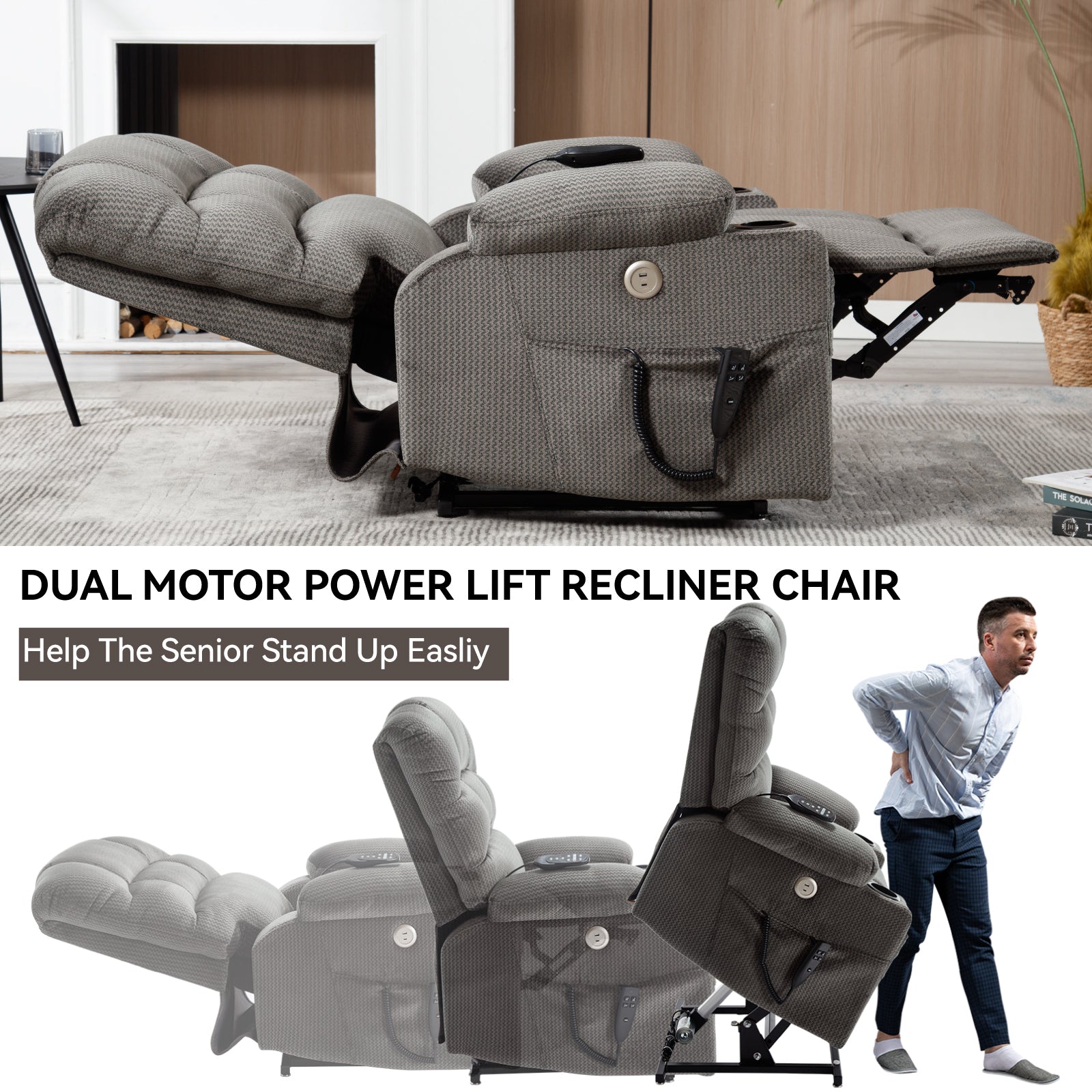 Grey Dual Motor Infinite Position Up to 350 LBS Chenille Power Lift Recliner Chair, Heavy Duty Motion Mechanism with 8-Point Vibration Massage and Lumbar Heating, Dual Cup Holders