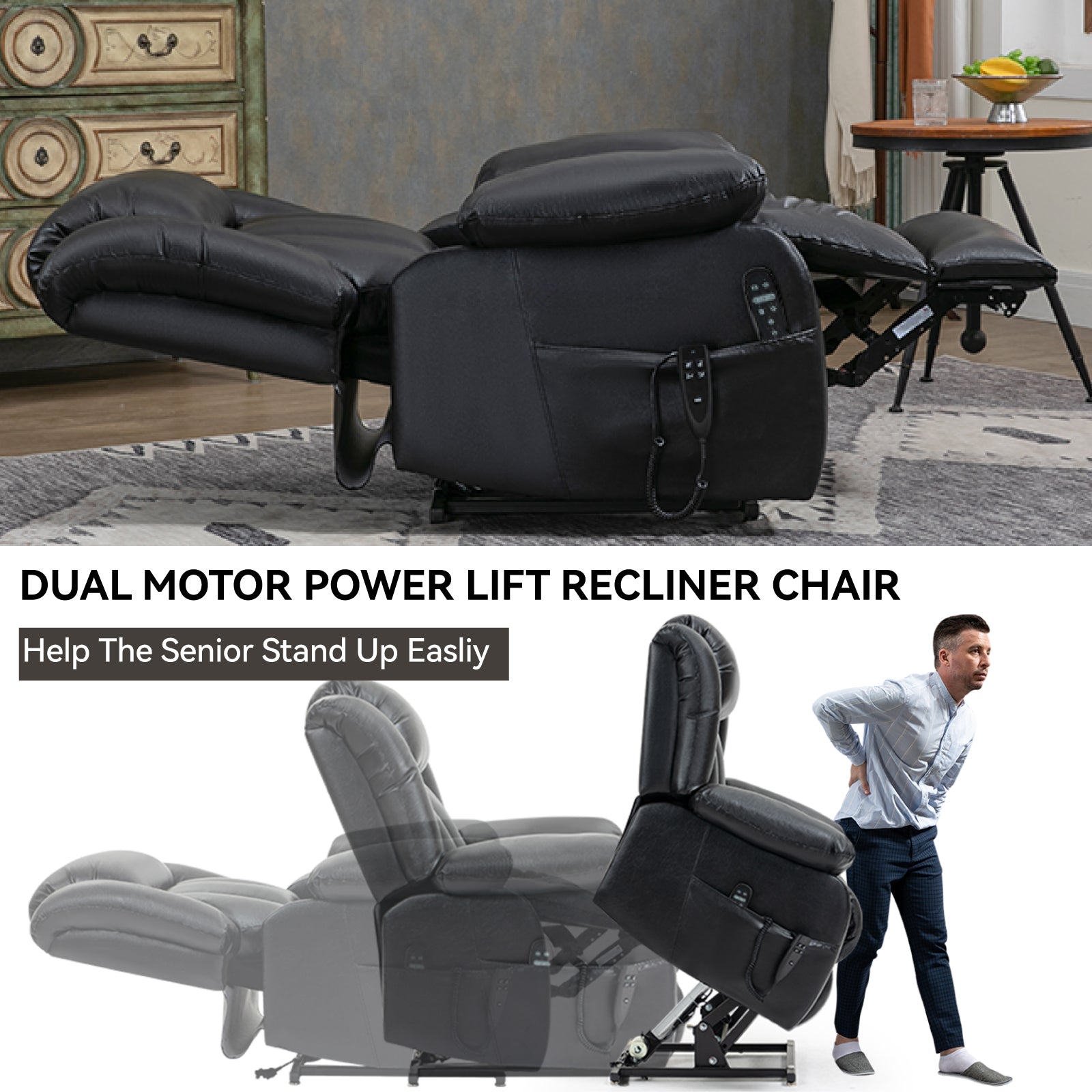 Dual Motor Infinite Position Up to 350 LBS Electric Medium size Genuine Leather Black Power Lift Recliner Chair with 8-Point Vibration Massage and Lumbar Heating - Value Lift Chairs 