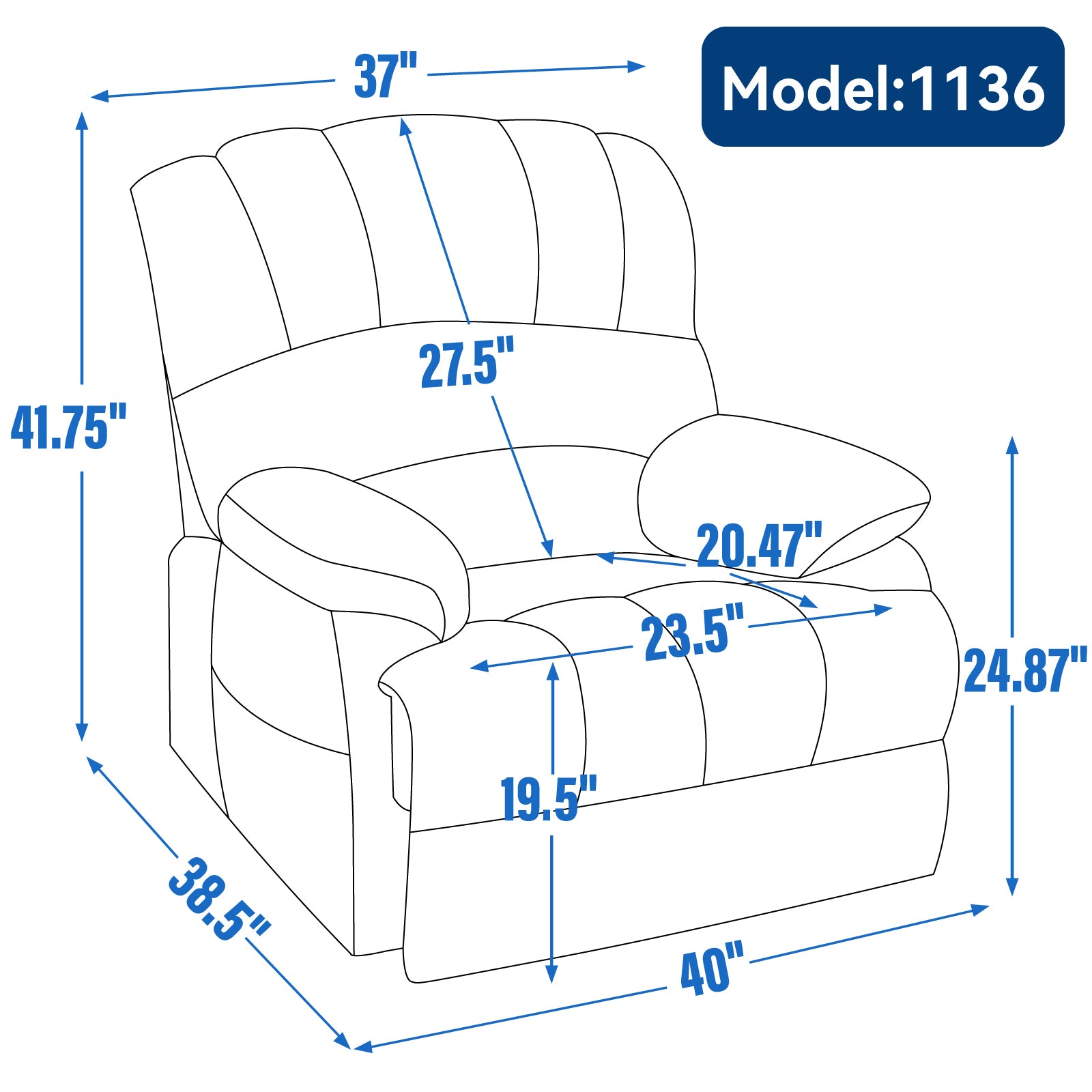 23" Seat Width and High Back Large Size Blue Chenille Power Lift Recliner Chair with 8-Point Vibration Massage and Lumbar Heating - Value Lift Chairs 