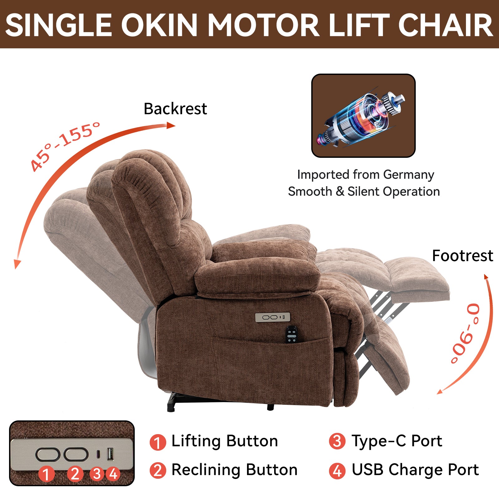 23" Seat Width and High Back Large Size Chenille Power Lift Recliner Chair with 8-Point Vibration Massage and Lumbar Heating, Brown - Value Lift Chairs 