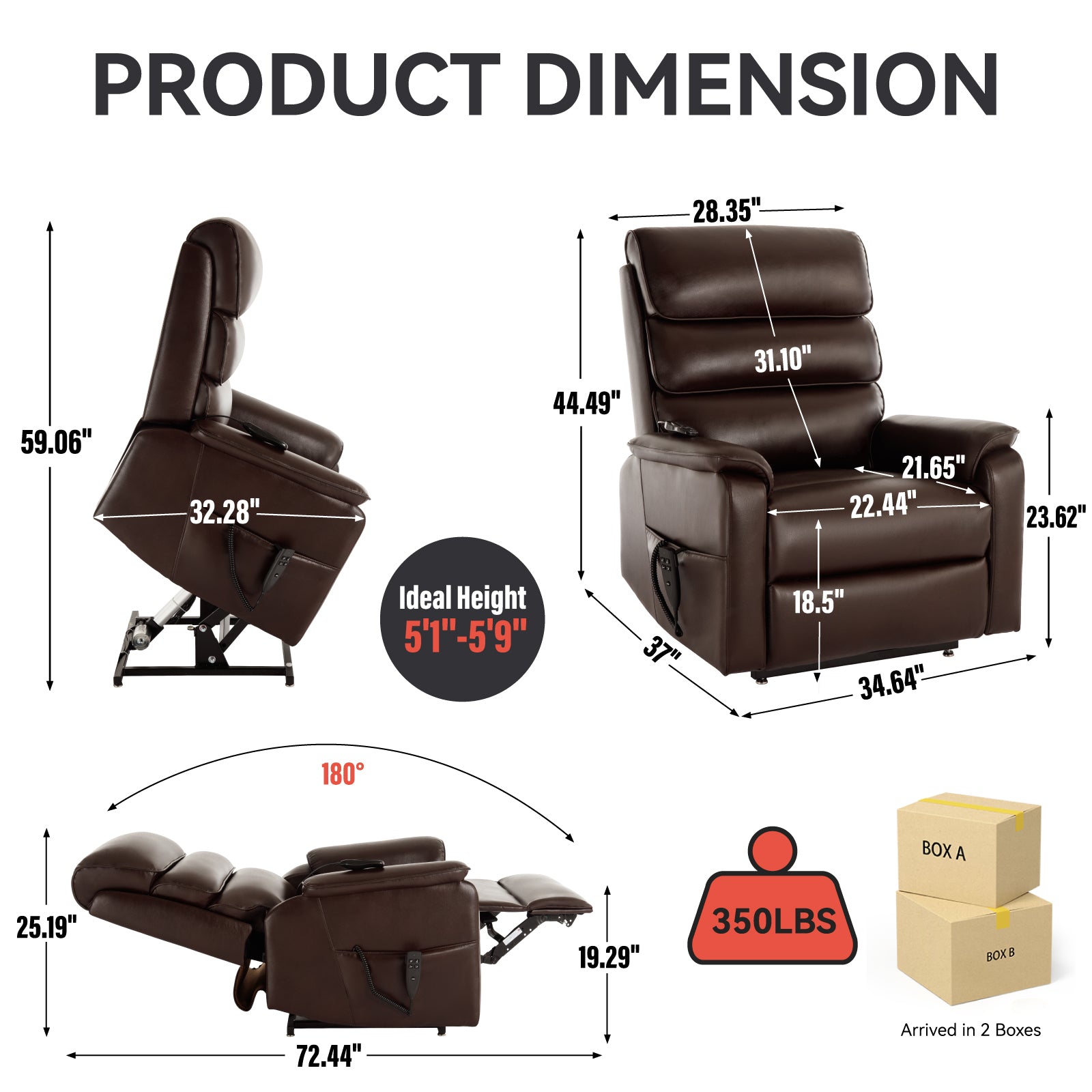 Brown Faux Leather Infinite Position Up to 350 LBS Power Lift  Chair with Heat + Massage