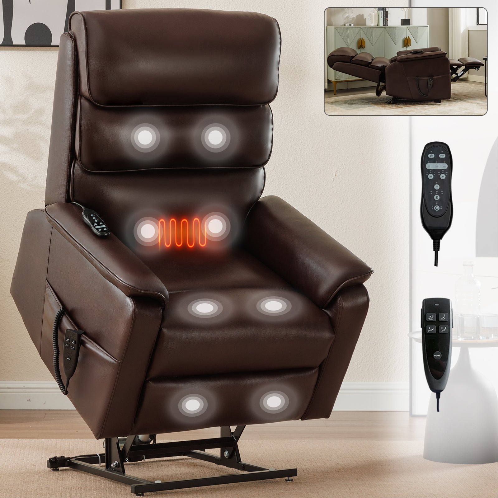 Brown Faux Leather Infinite Position Up to 350 LBS Power Lift  Chair with Heat + Massage