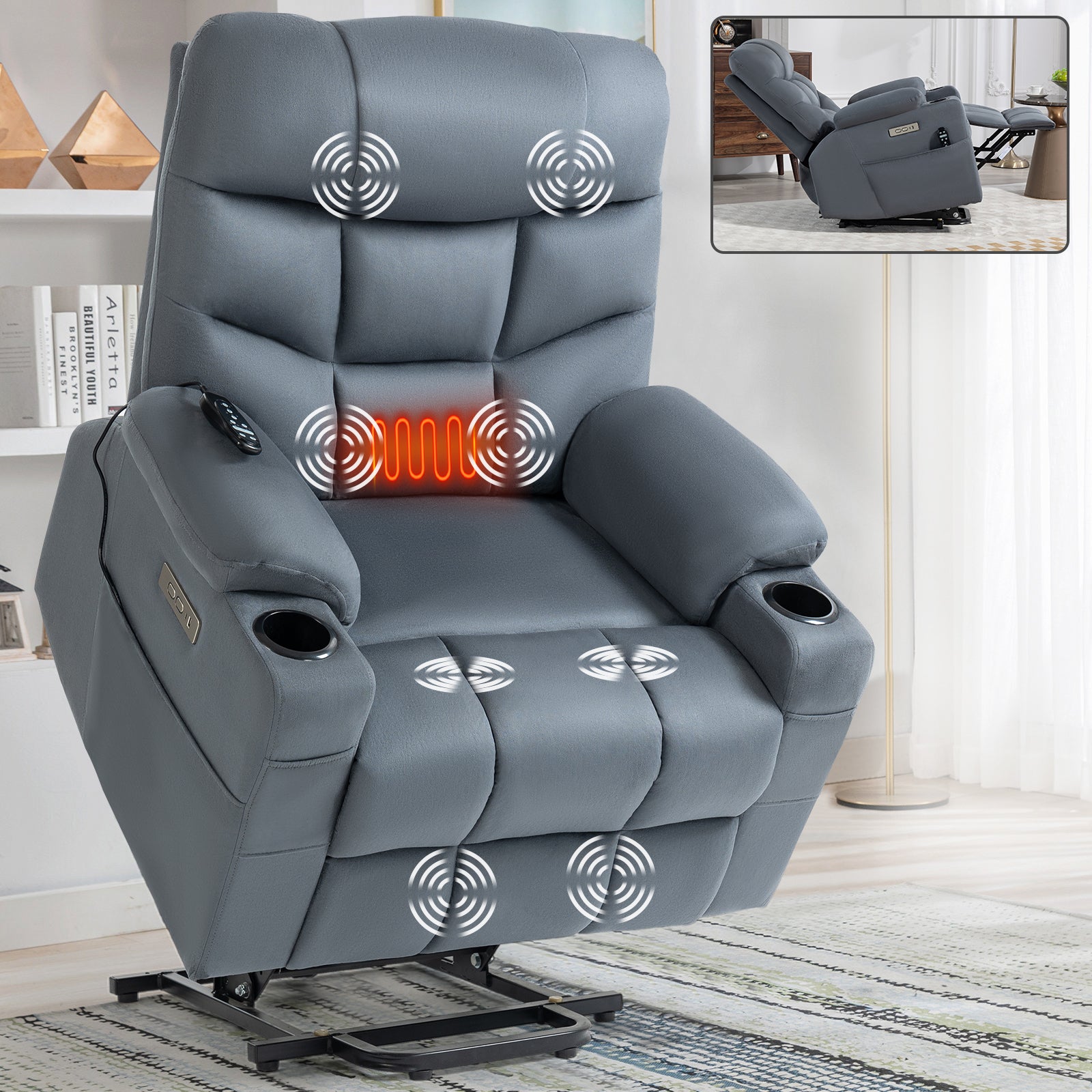 Up to 350 LBS Power Lift Recliner Chair, Heavy Duty Motion Mechanism with 8-Point Vibration Massage and Lumbar Heating, Cup Holders, USB and Type-C Ports, Removable Cushions, Blue - Value Lift Chairs 