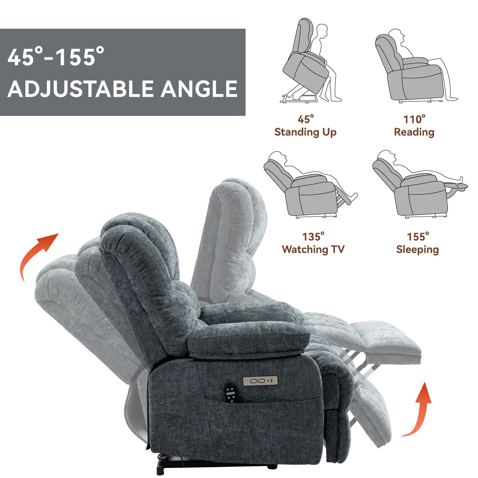 23" Seat Width and High Back Large Size Blue Chenille Power Lift Recliner Chair with 8-Point Vibration Massage and Lumbar Heating - Value Lift Chairs 