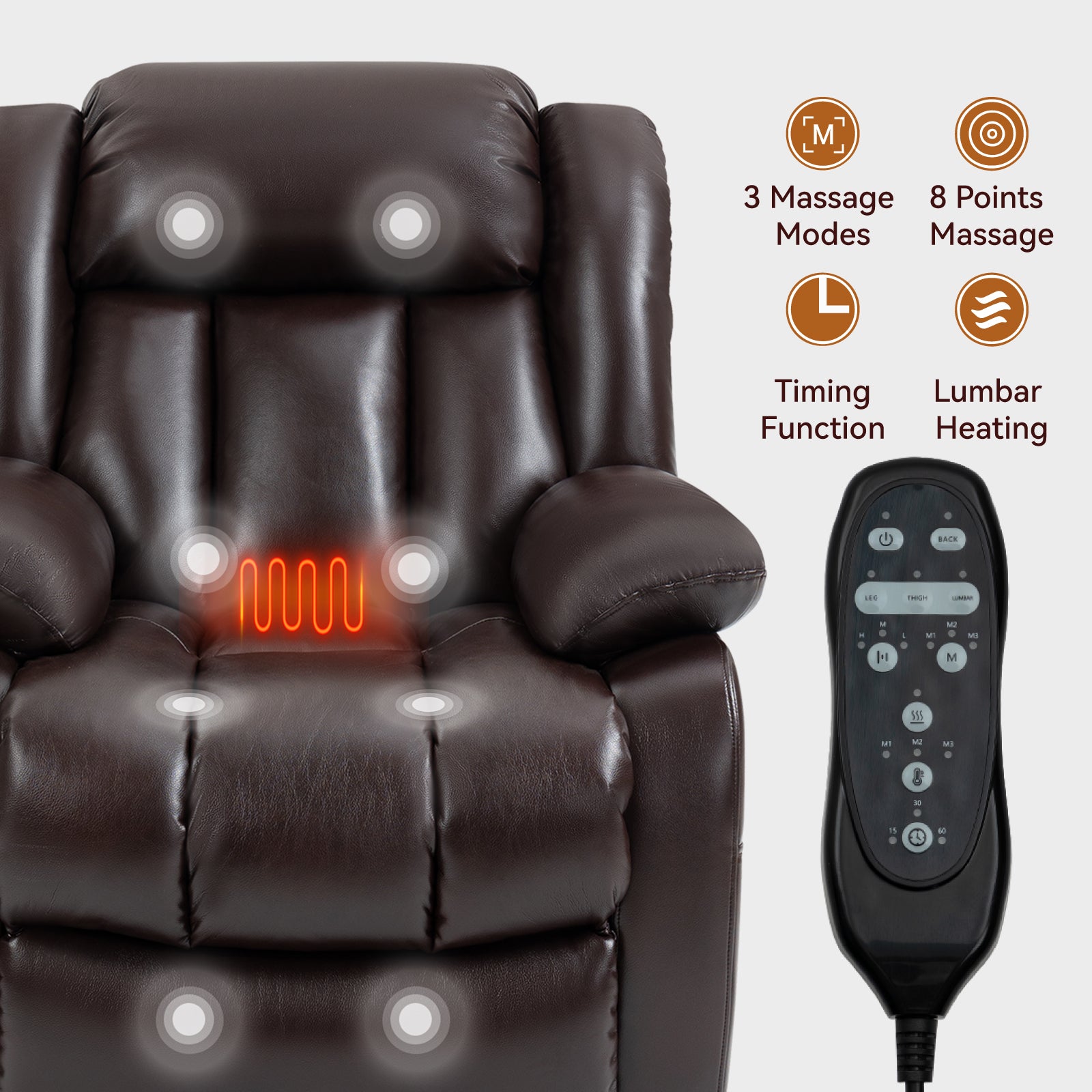 Dual Motor Infinite Position Up to 350 LBS Electric Medium size Brown Power Lift Recliner Chair with 8-Point Vibration Massage and Lumbar Heating - Value Lift Chairs 